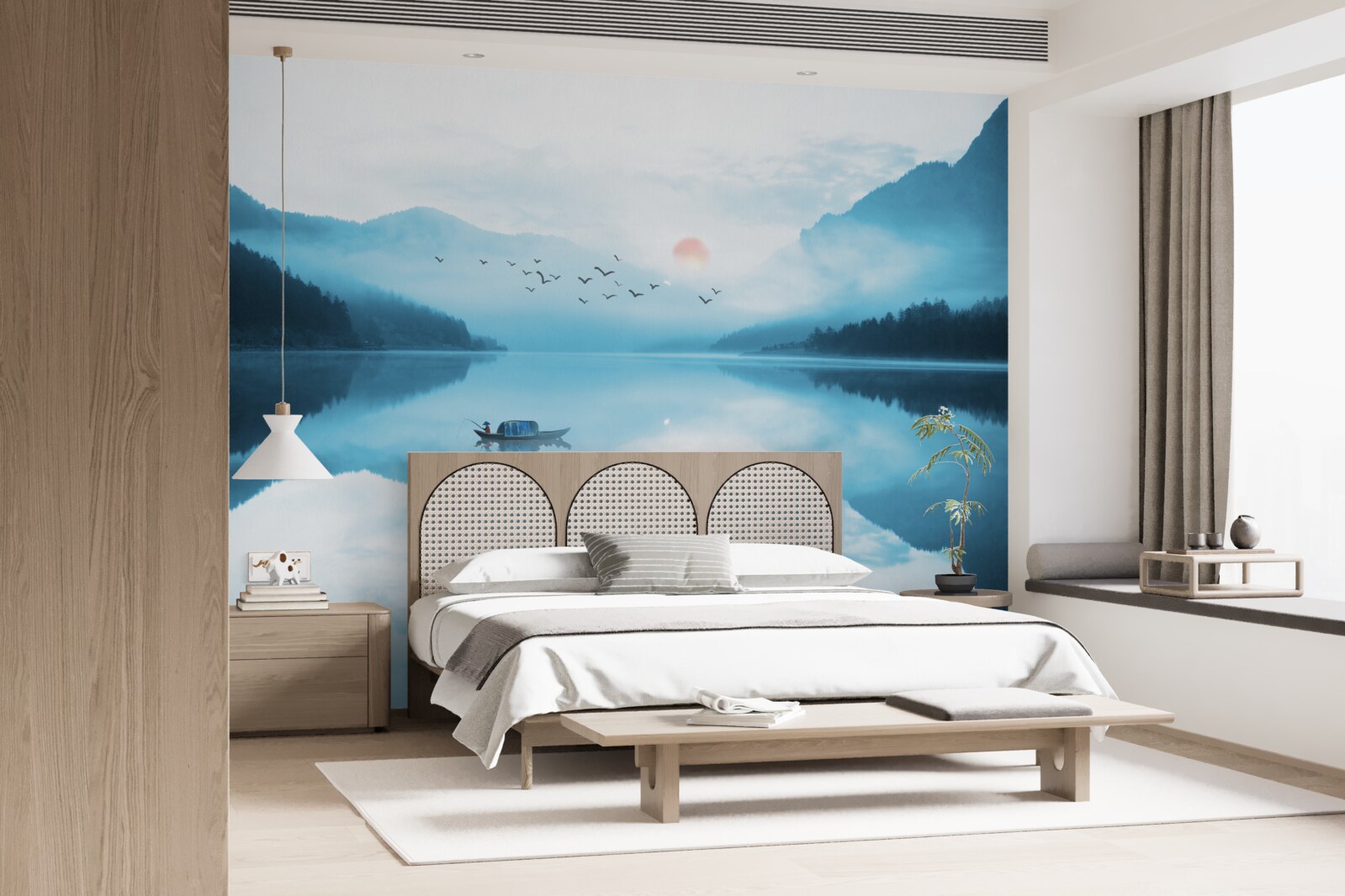 Fotobehang bij zonsondergang is de visser in diep water