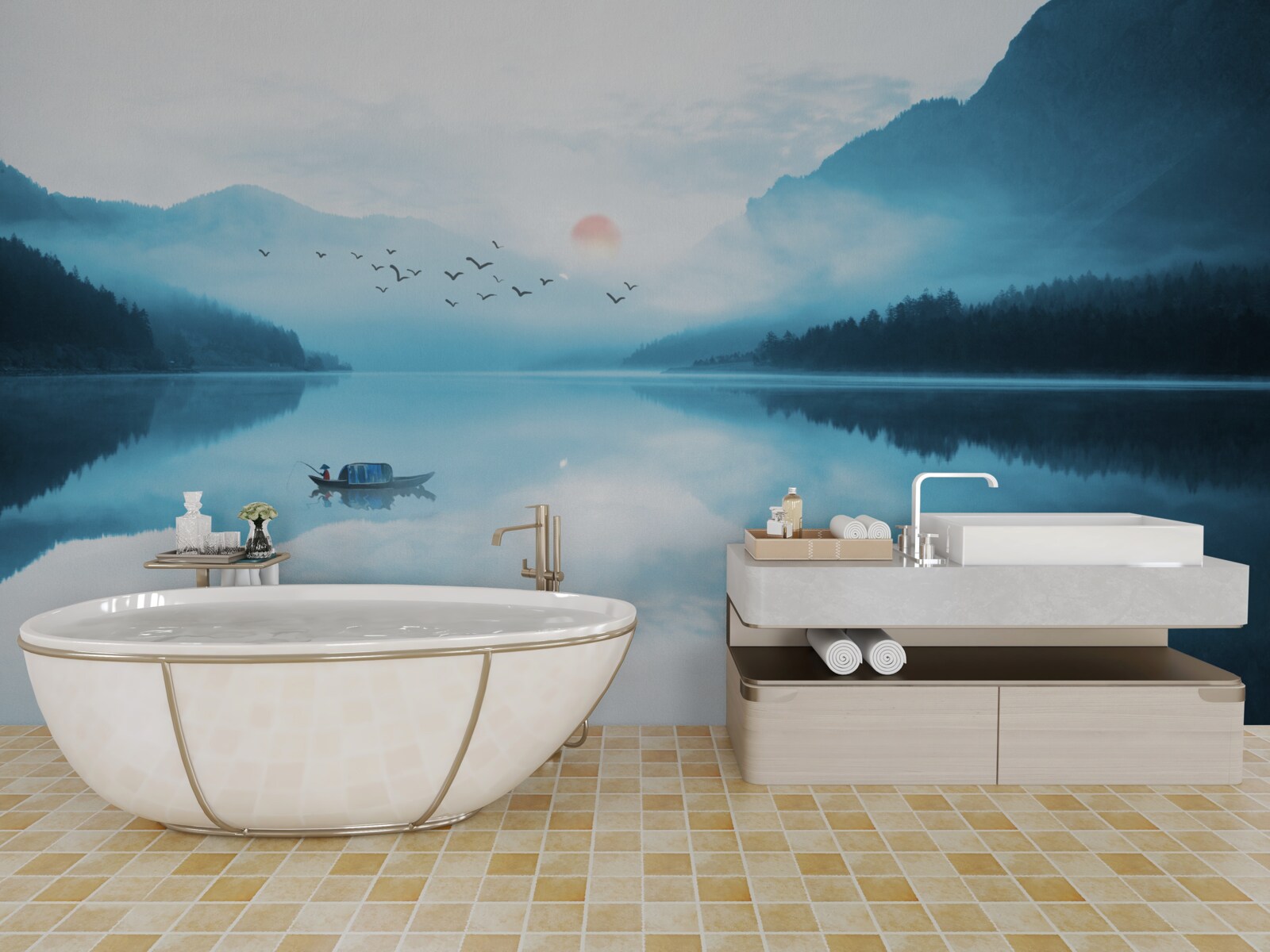 Fotobehang bij zonsondergang is de visser in diep water