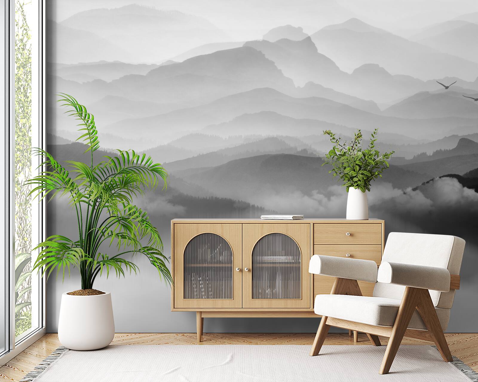 Fotobehang visser keert terug over misty mountain lake