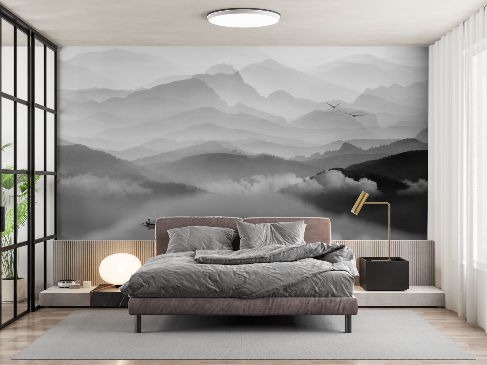 Fotobehang visser keert terug over misty mountain lake