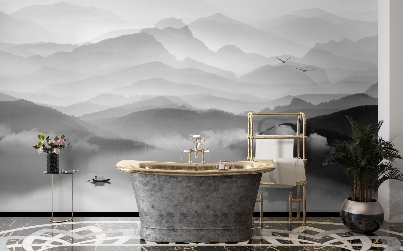 Fotobehang visser keert terug over misty mountain lake