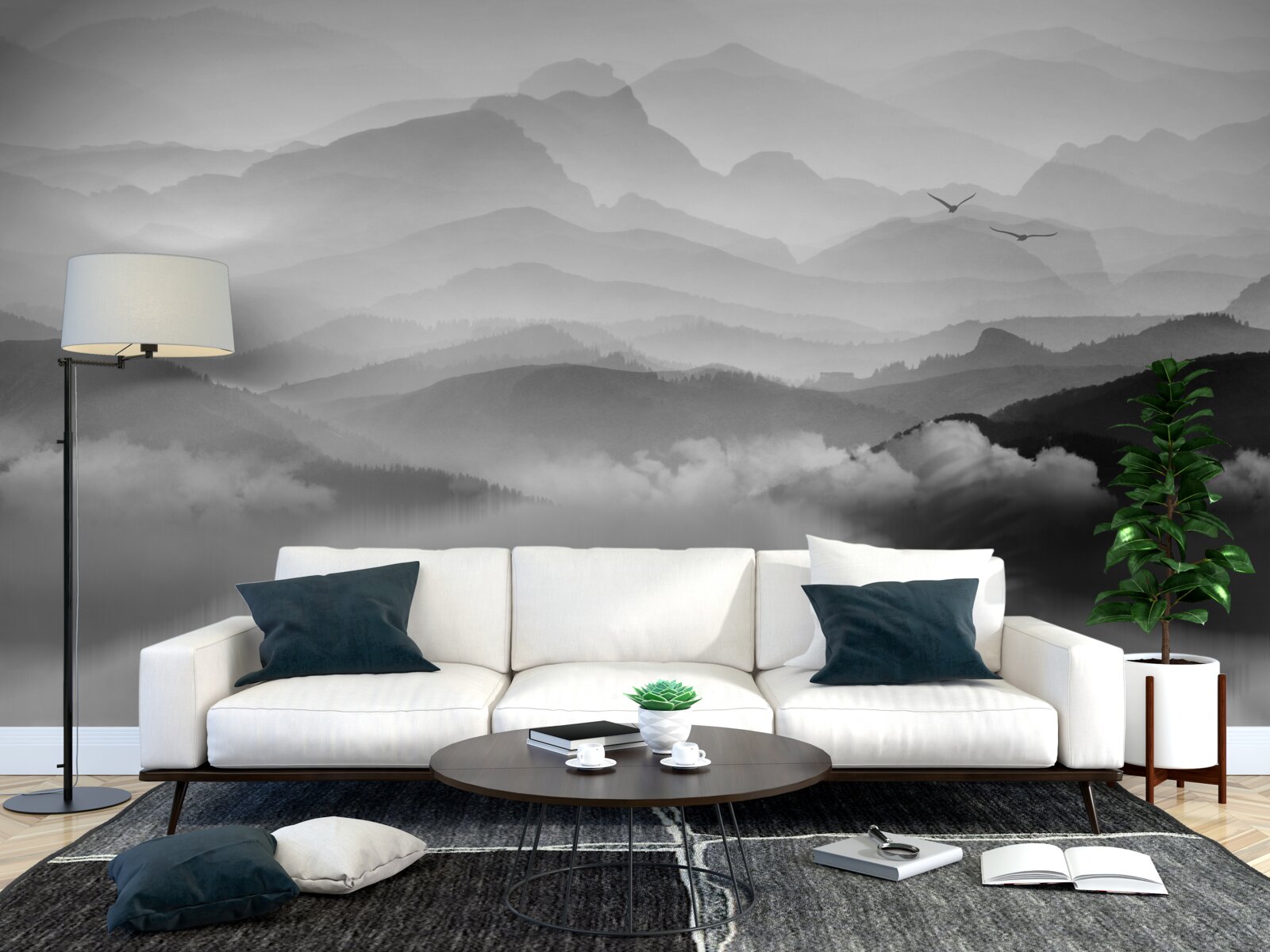 Fotobehang visser keert terug over misty mountain lake