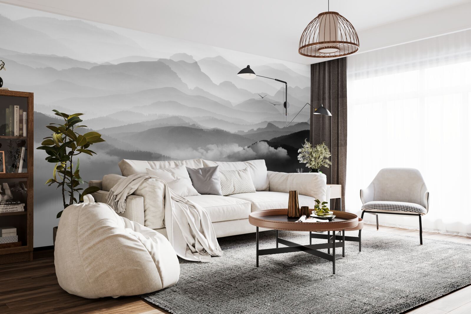 Fotobehang visser keert terug over misty mountain lake