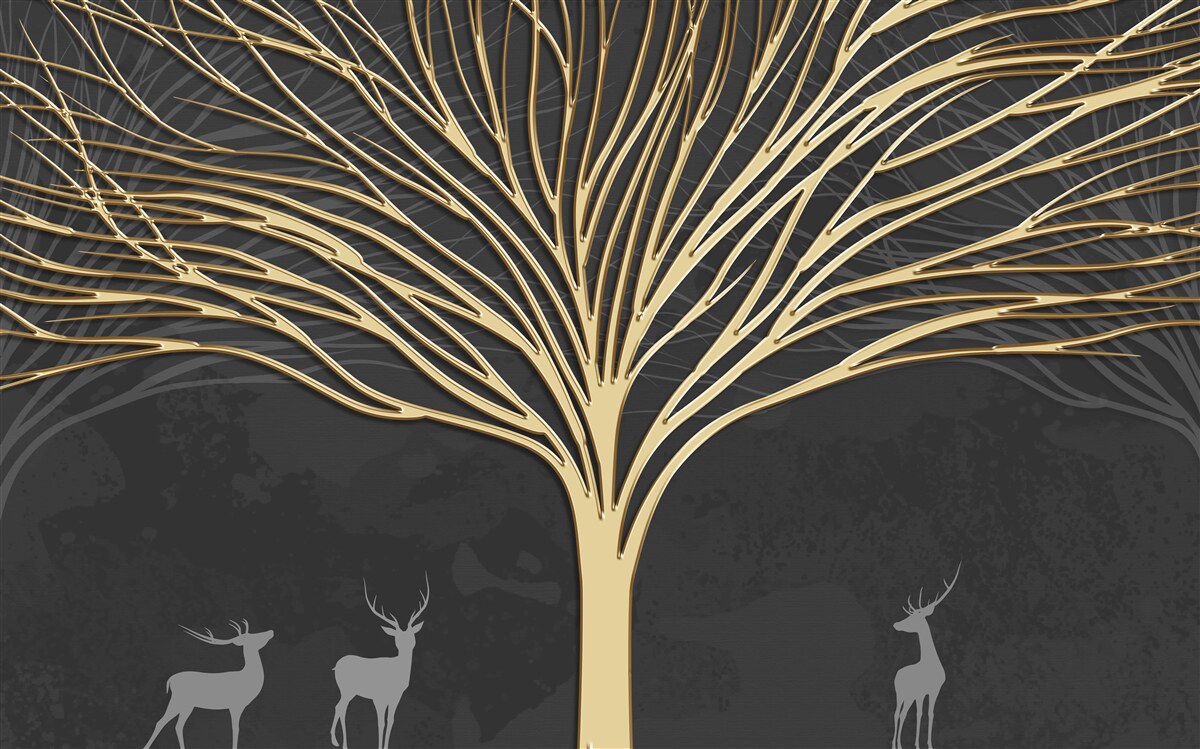 Fotobehang een kudde herten en een gouden boom