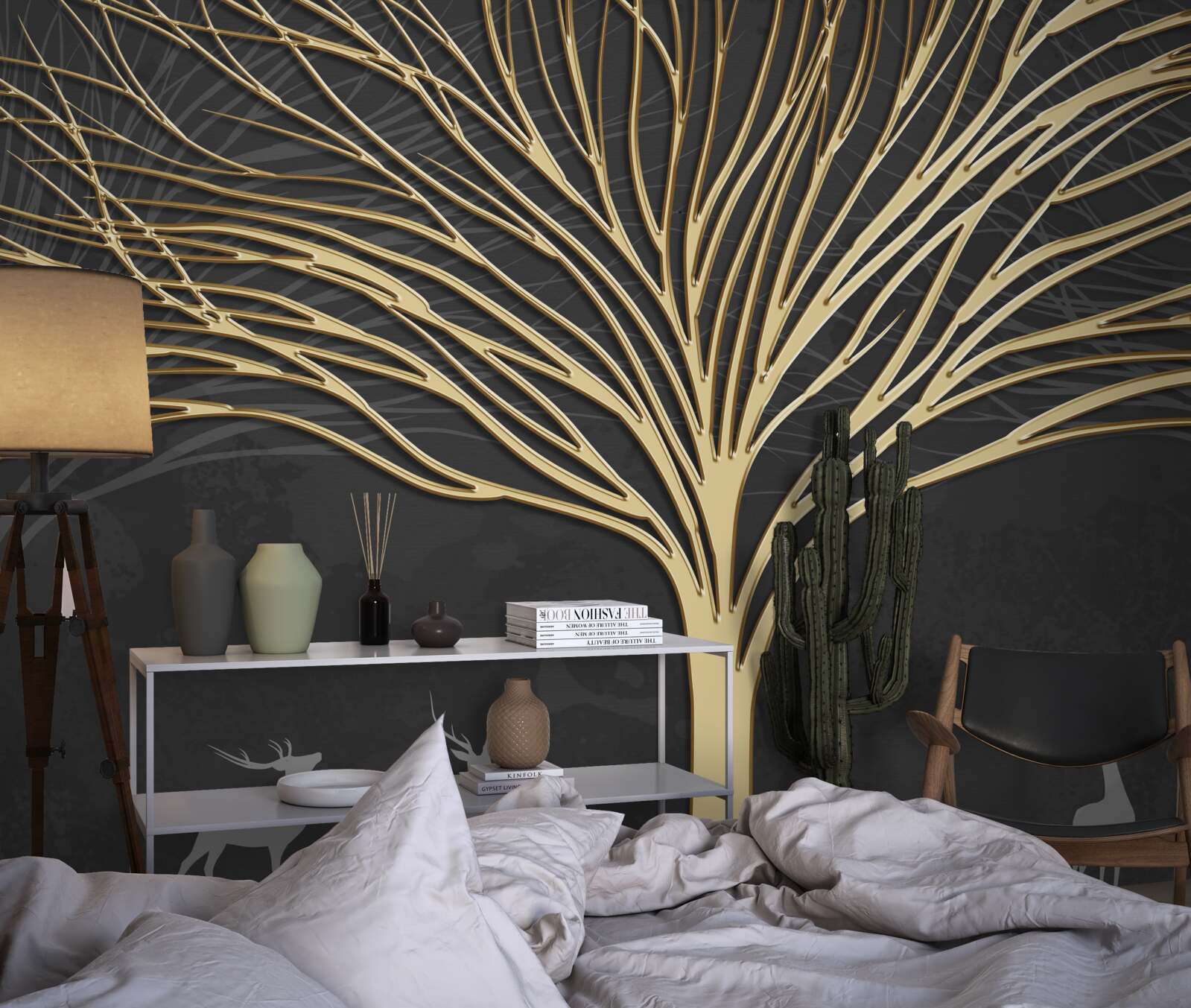 Fotobehang een kudde herten en een gouden boom