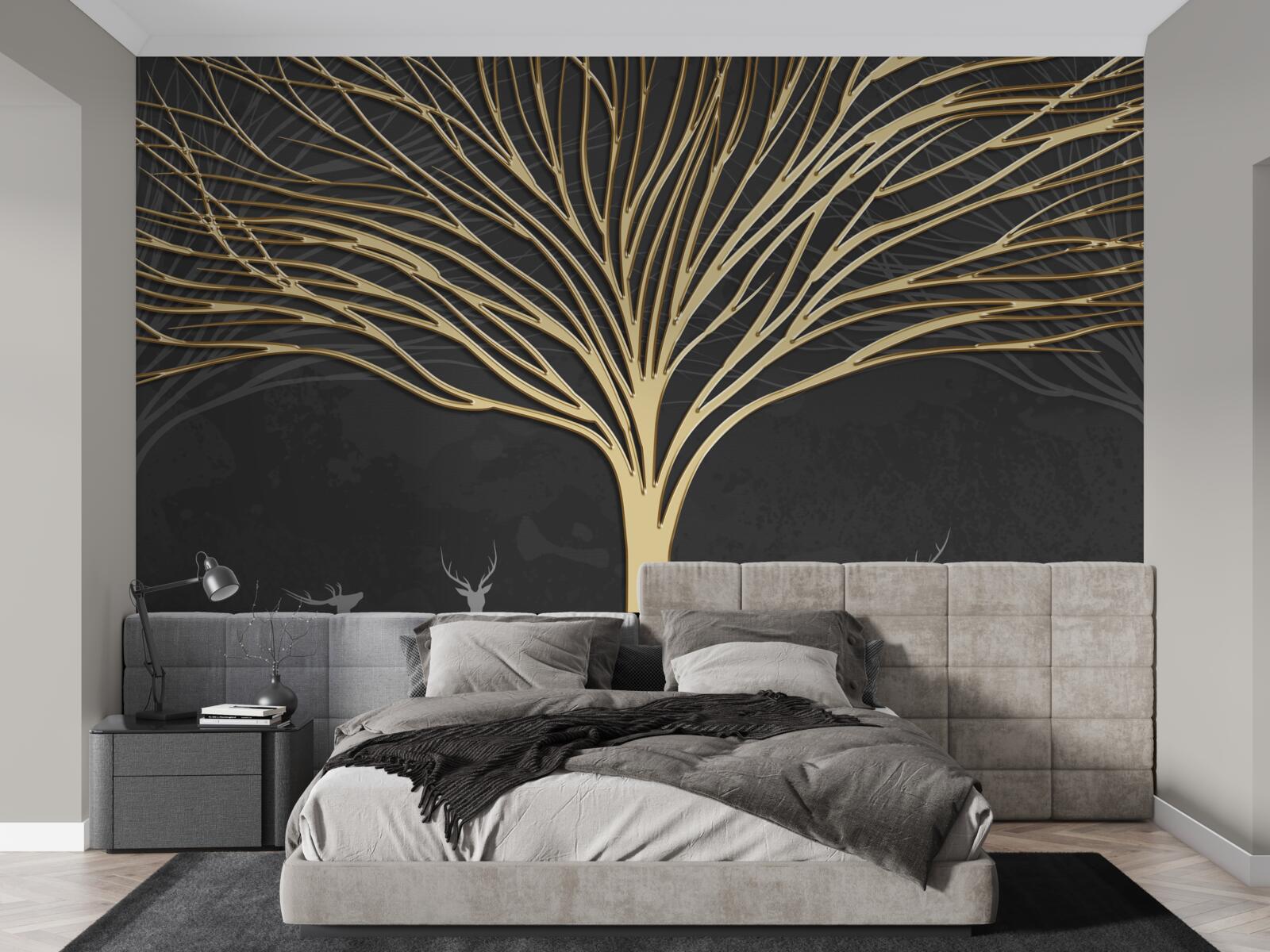 Fotobehang een kudde herten en een gouden boom