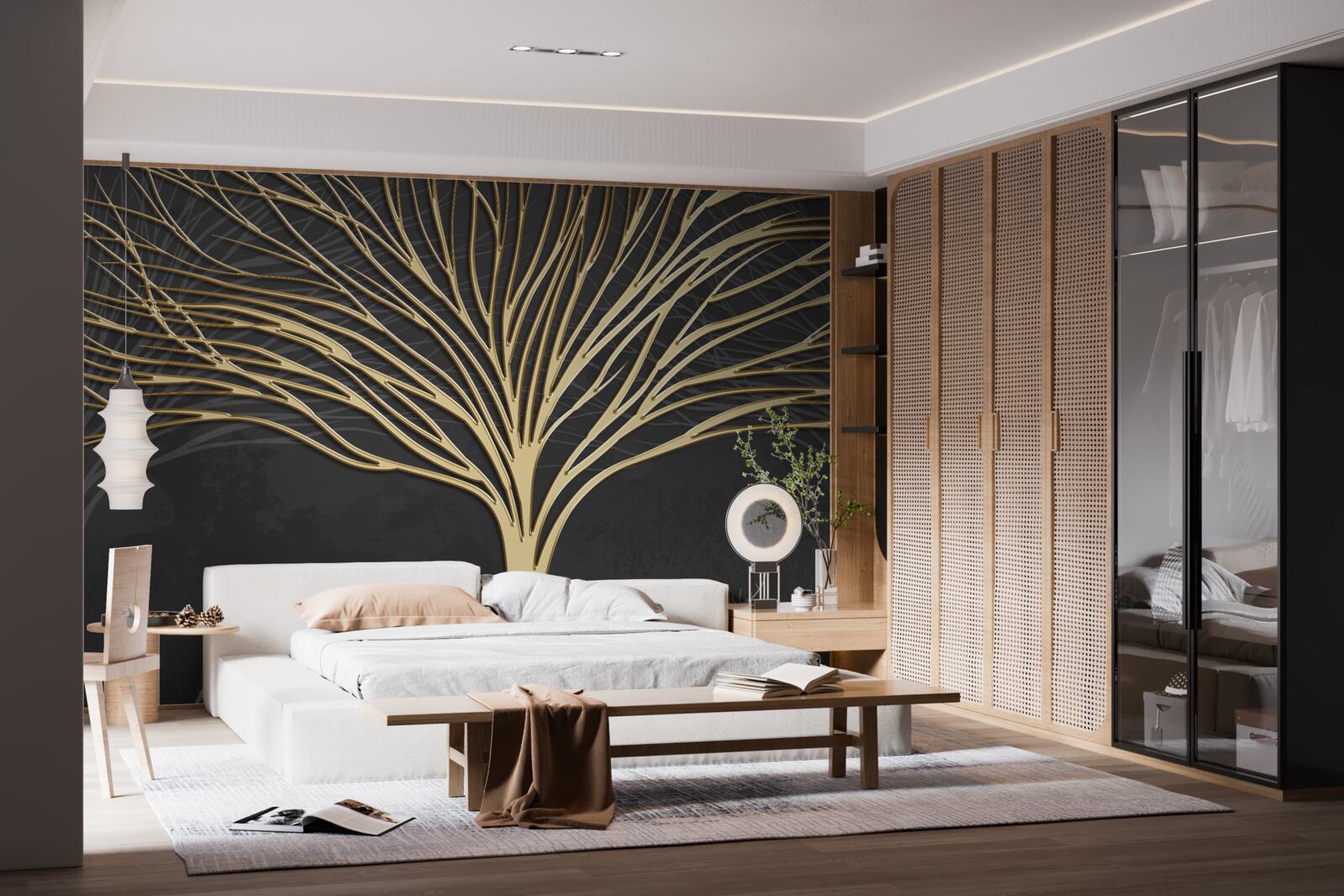 Fotobehang een kudde herten en een gouden boom