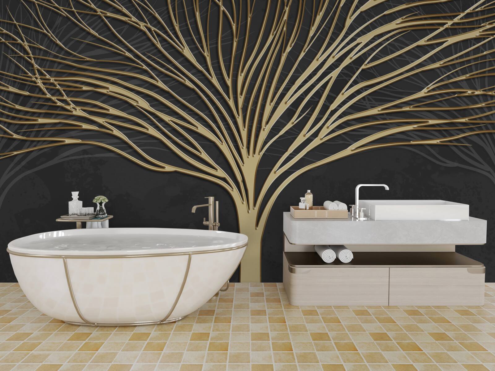 Fotobehang een kudde herten en een gouden boom