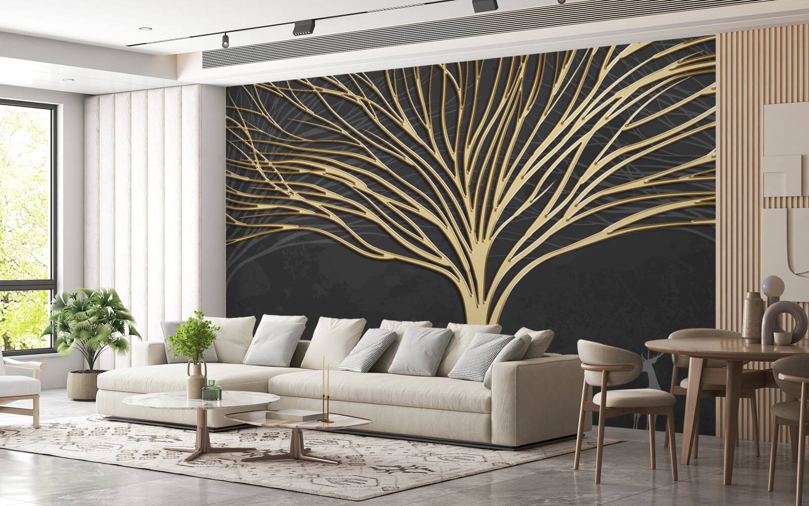 Fotobehang een kudde herten en een gouden boom