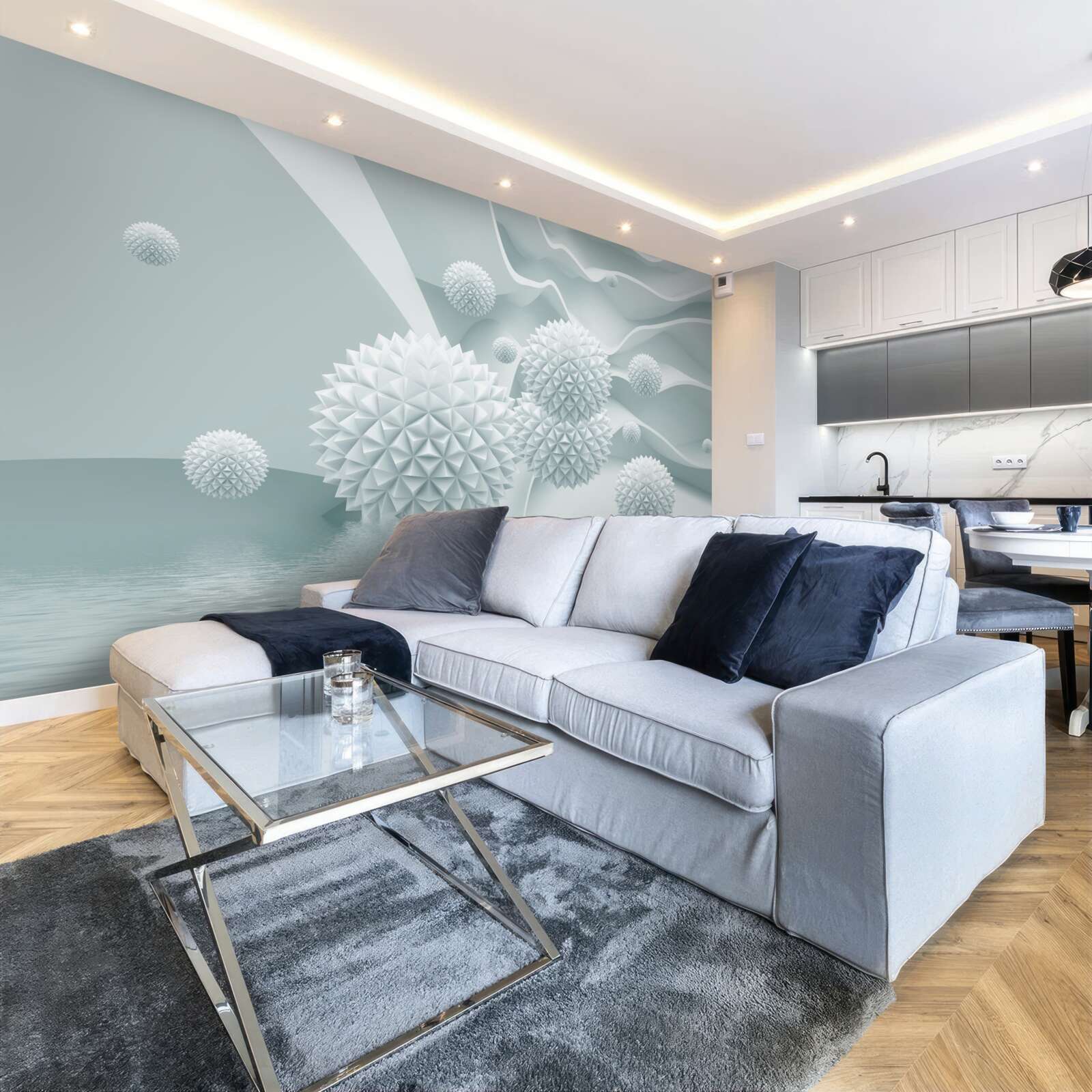 Fotobehang de ballen zijn wit en scherp en zweven in een staat van gewichtloosheid