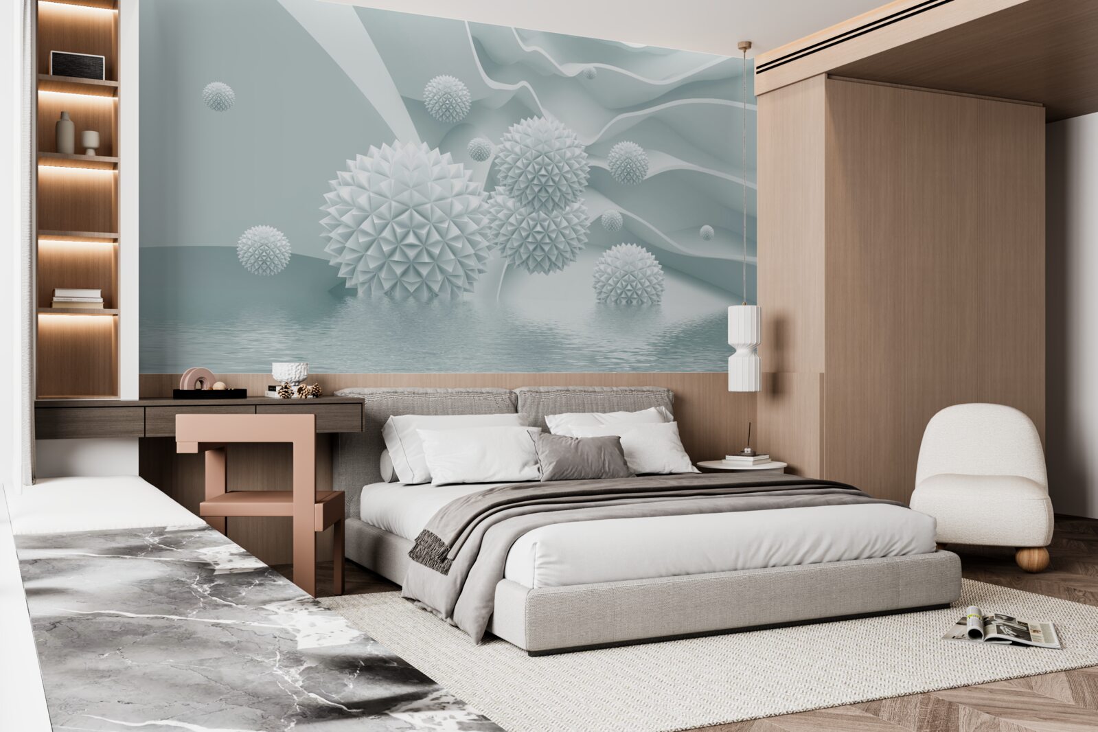 Fotobehang de ballen zijn wit en scherp en zweven in een staat van gewichtloosheid