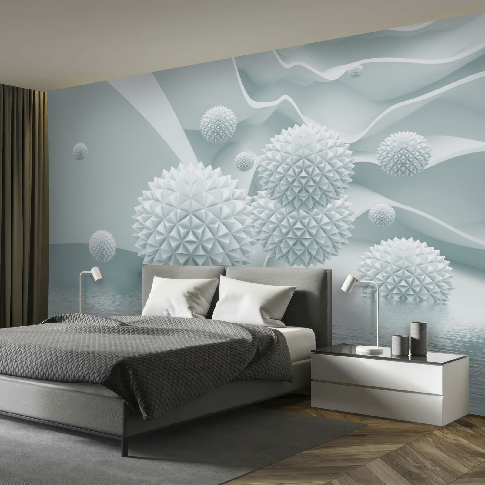 Fotobehang de ballen zijn wit en scherp en zweven in een staat van gewichtloosheid