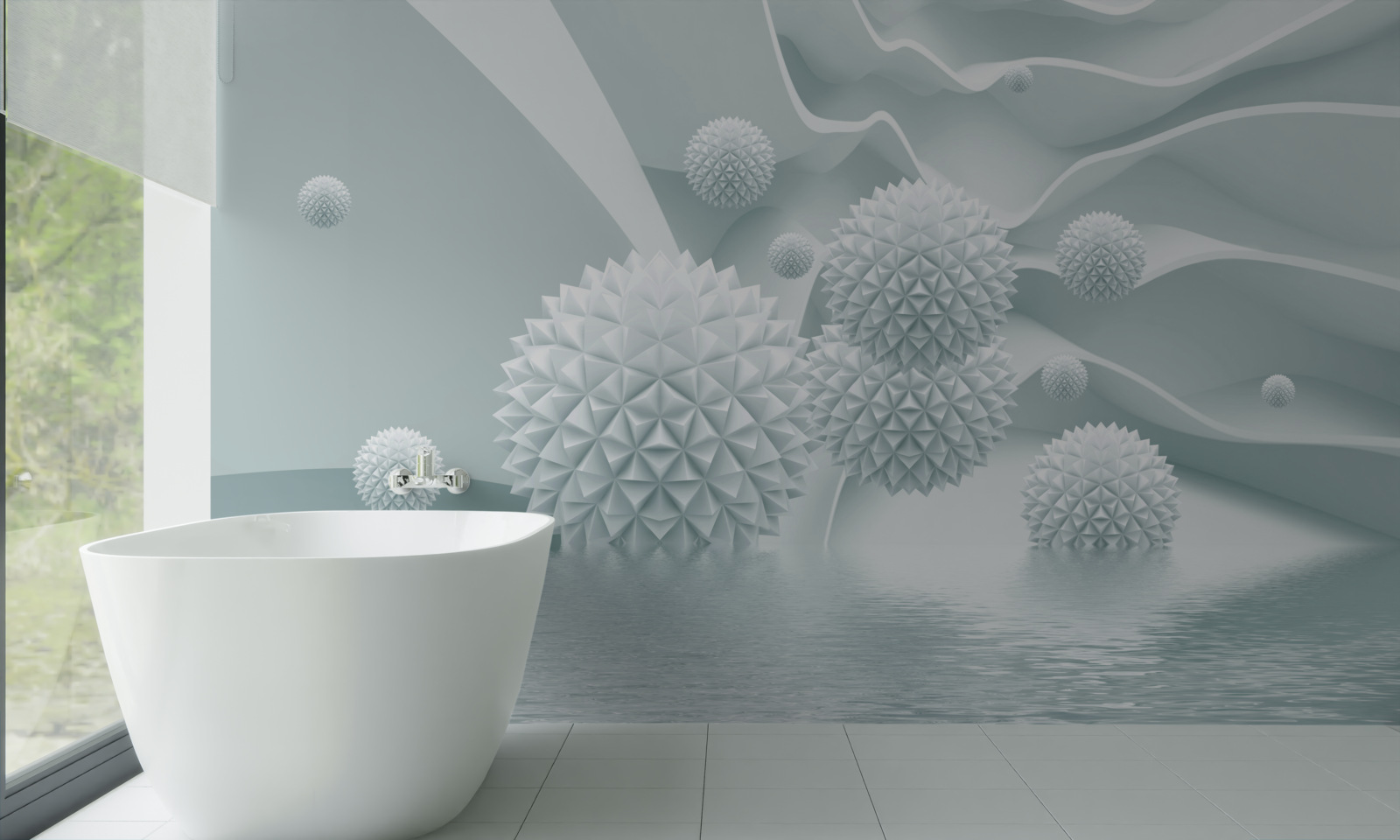 Fotobehang de ballen zijn wit en scherp en zweven in een staat van gewichtloosheid