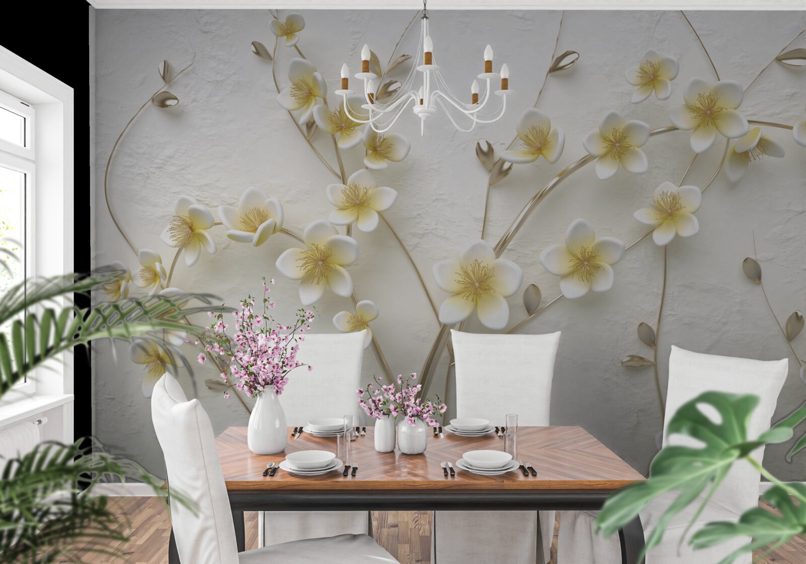 Fotobehang witte takken van magnolia met gele kern