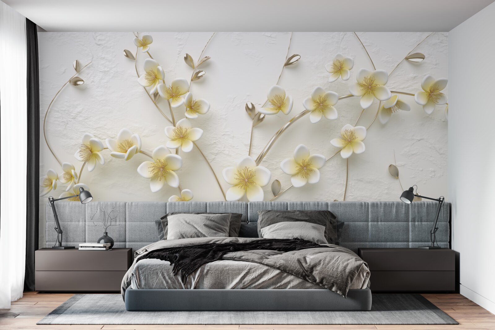 Fotobehang witte takken van magnolia met gele kern