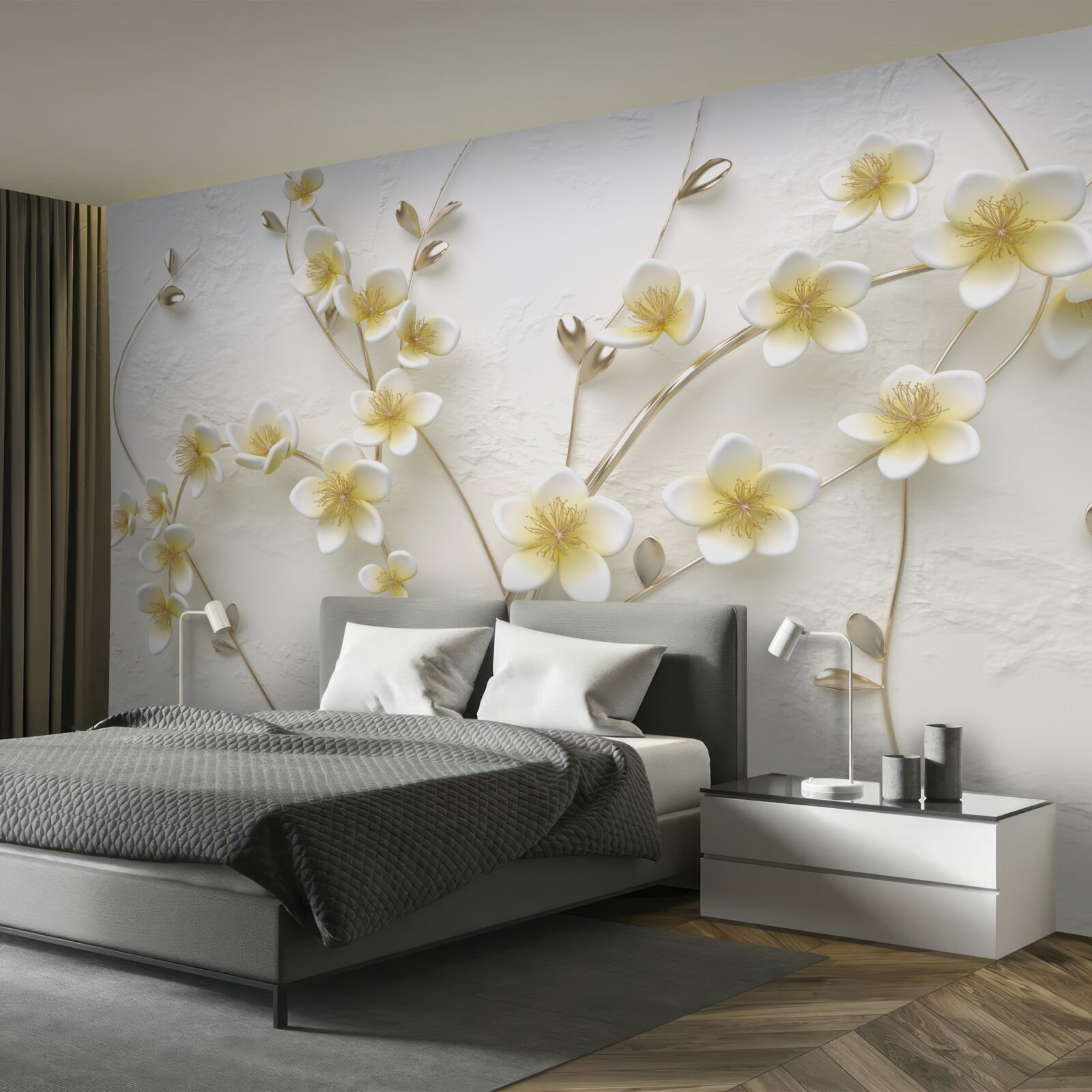 Fotobehang witte takken van magnolia met gele kern