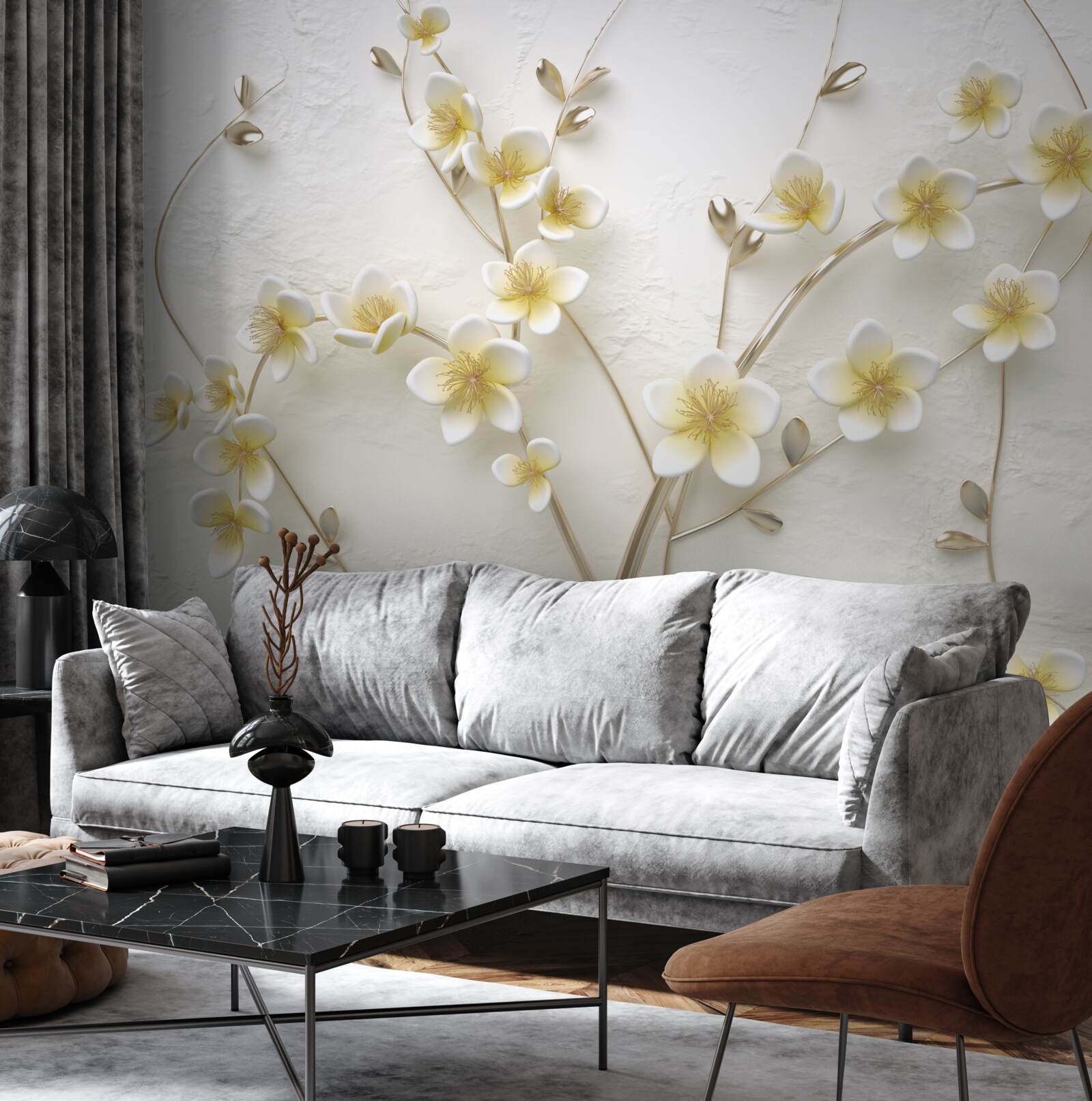 Fotobehang witte takken van magnolia met gele kern