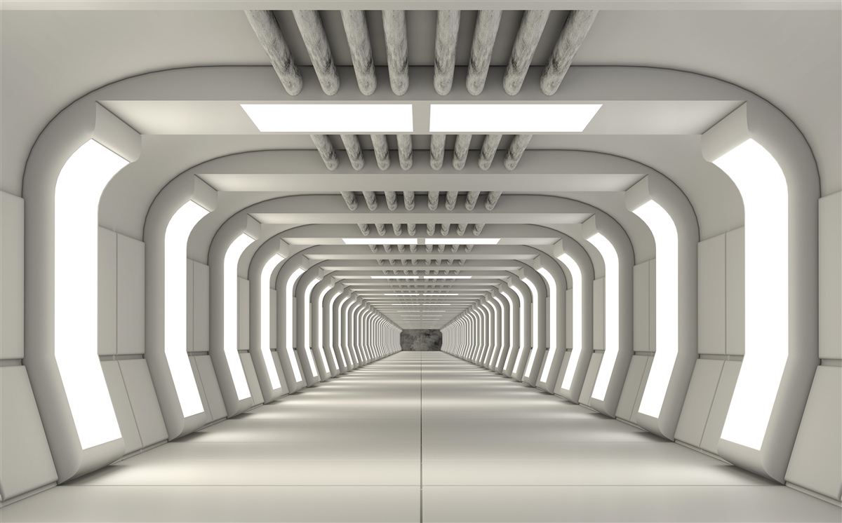 Fotobehang verlichte gang zonder einde in futuristische stijl