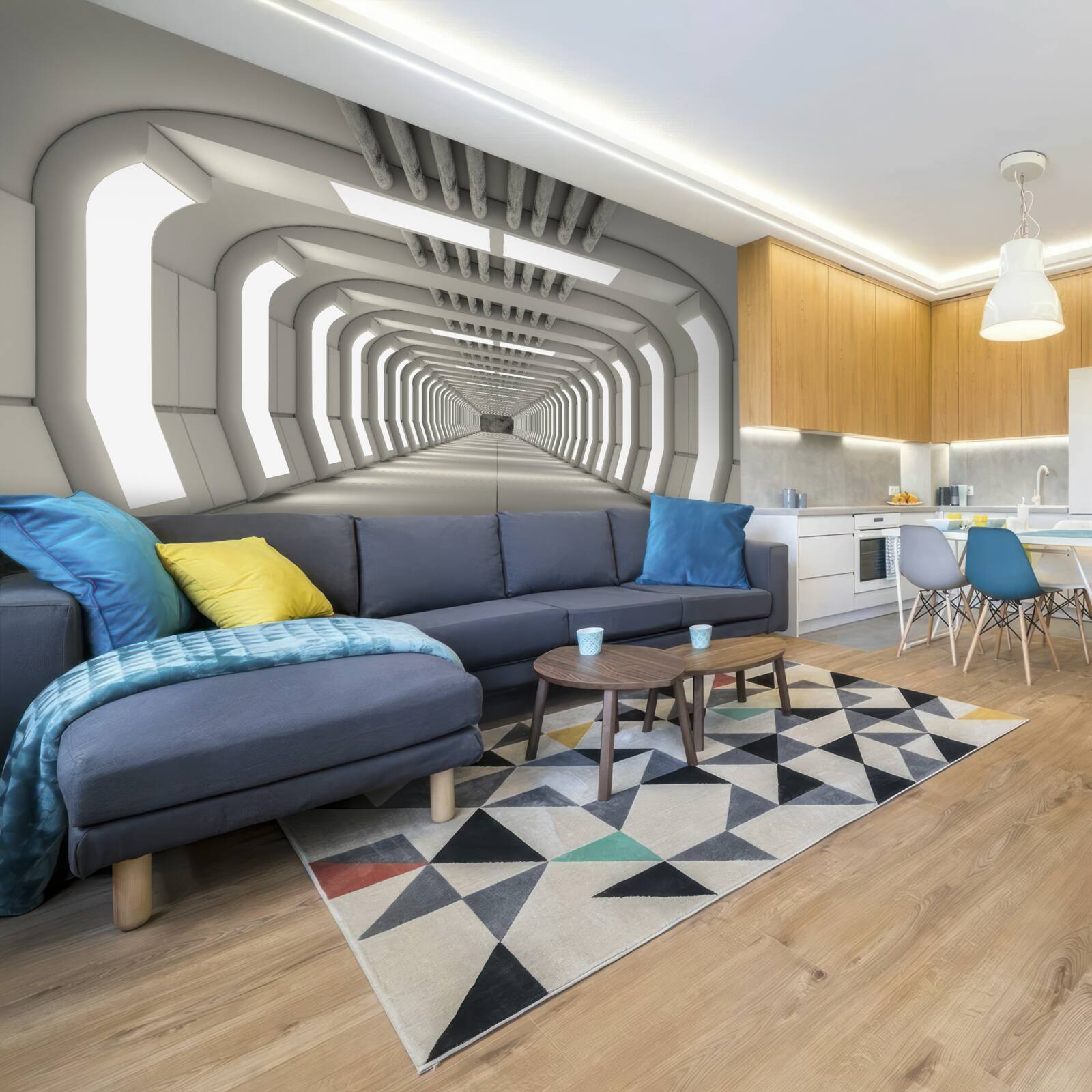 Fotobehang verlichte gang zonder einde in futuristische stijl