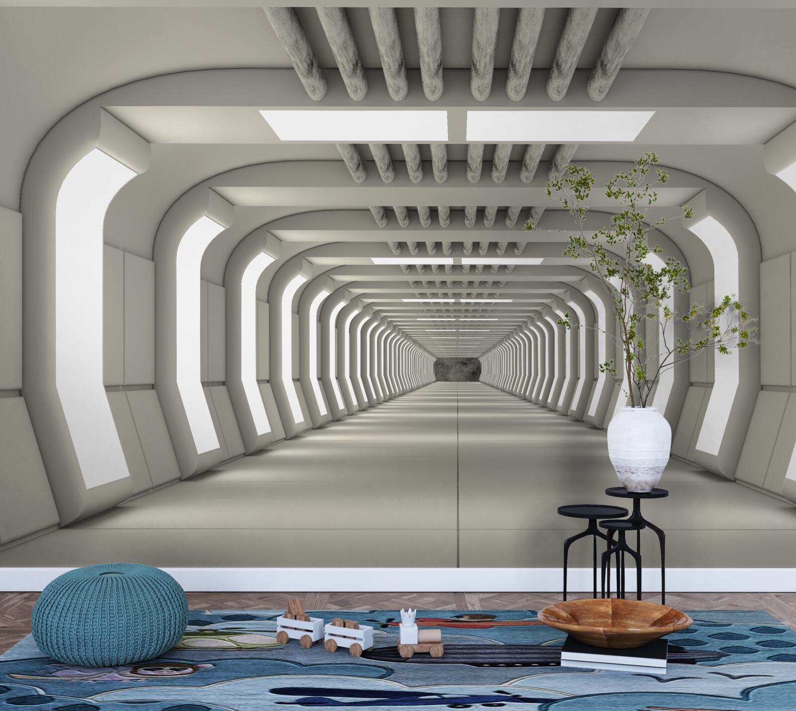 Fotobehang verlichte gang zonder einde in futuristische stijl