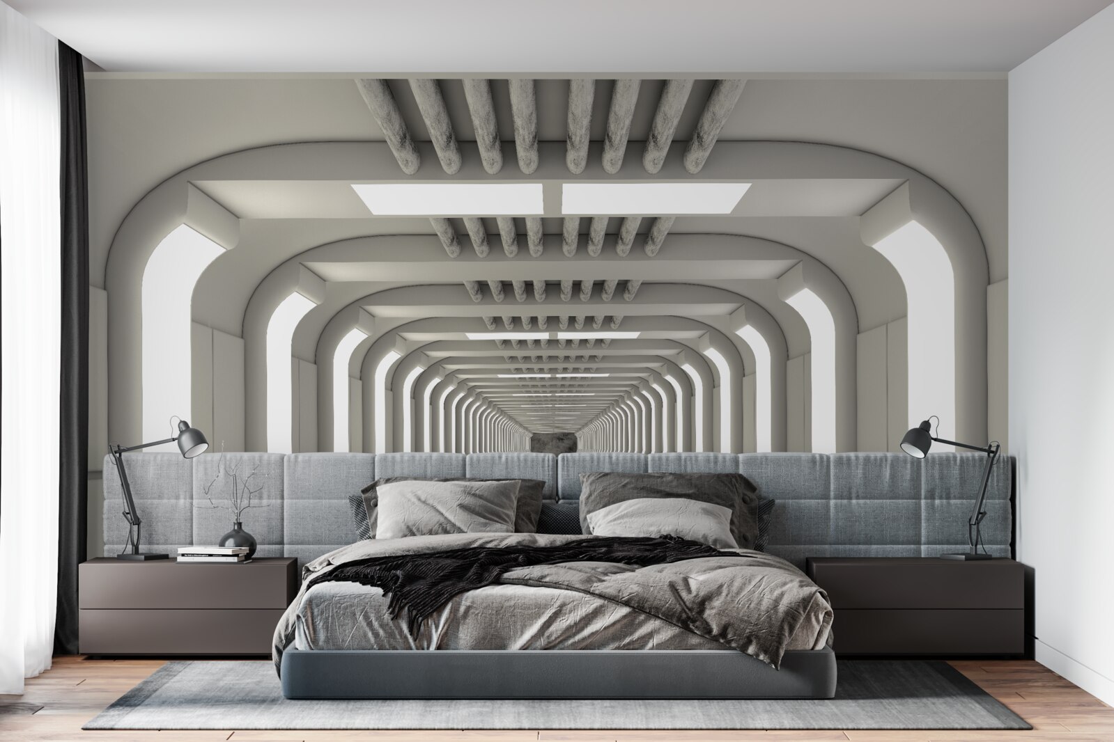 Fotobehang verlichte gang zonder einde in futuristische stijl