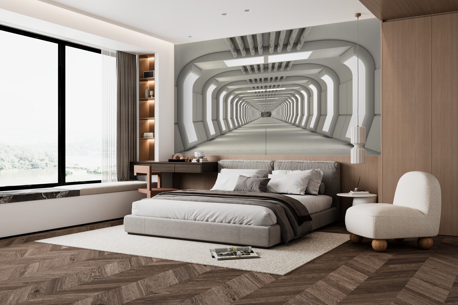 Fotobehang verlichte gang zonder einde in futuristische stijl