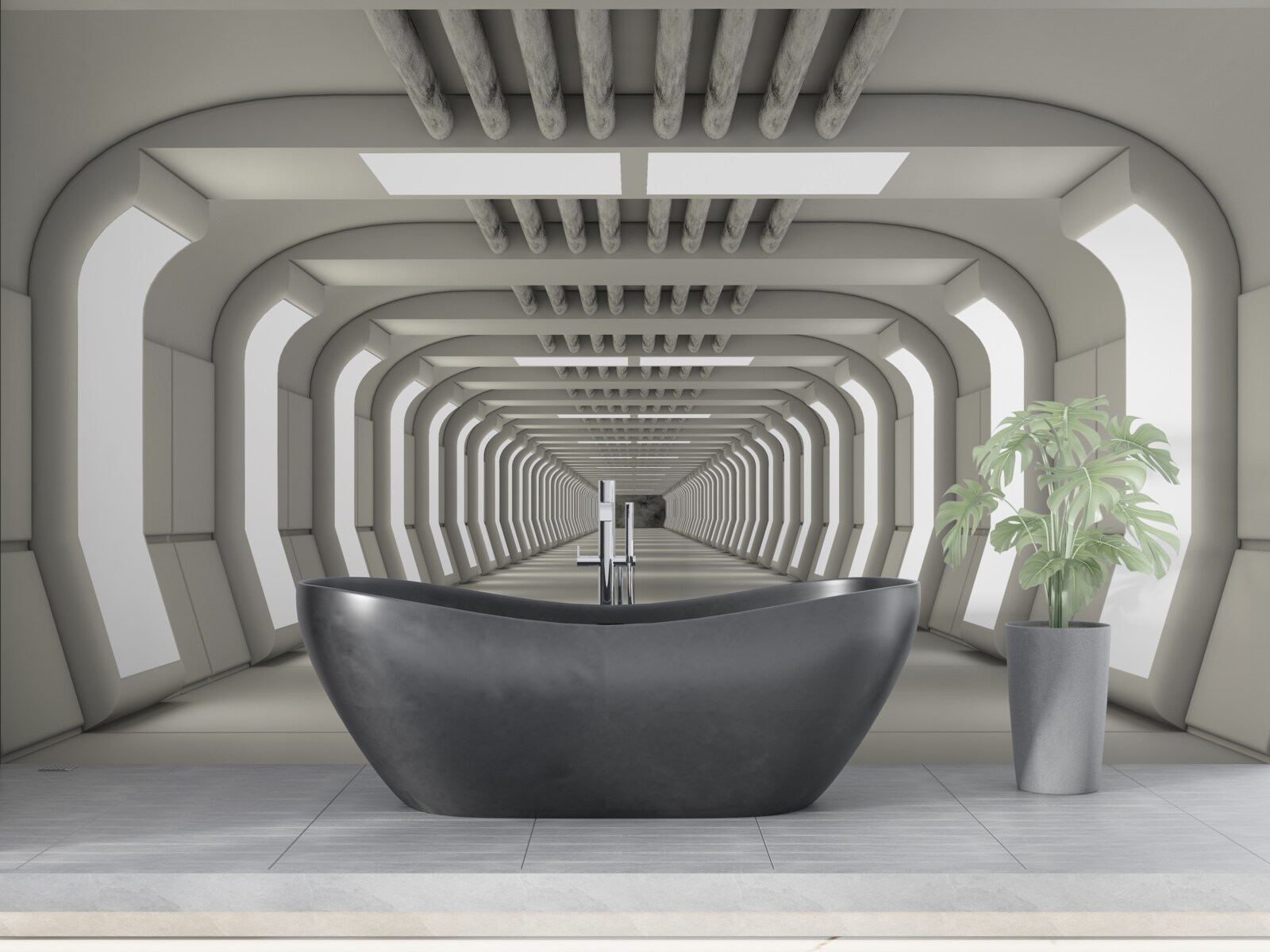 Fotobehang verlichte gang zonder einde in futuristische stijl