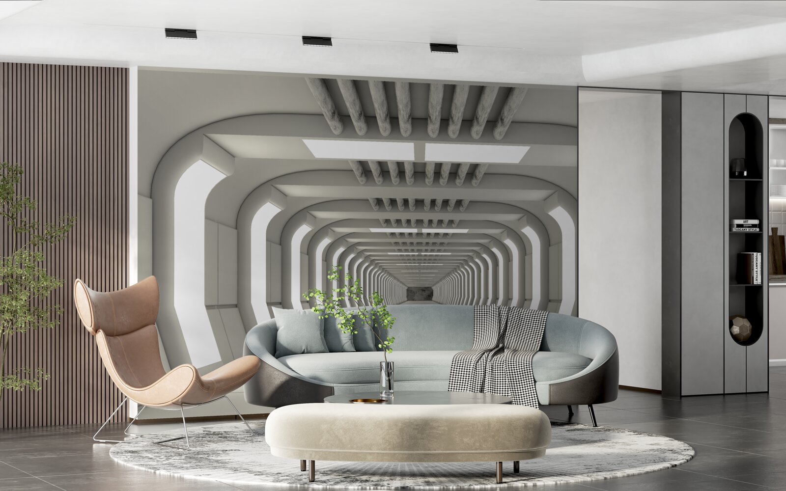 Fotobehang verlichte gang zonder einde in futuristische stijl