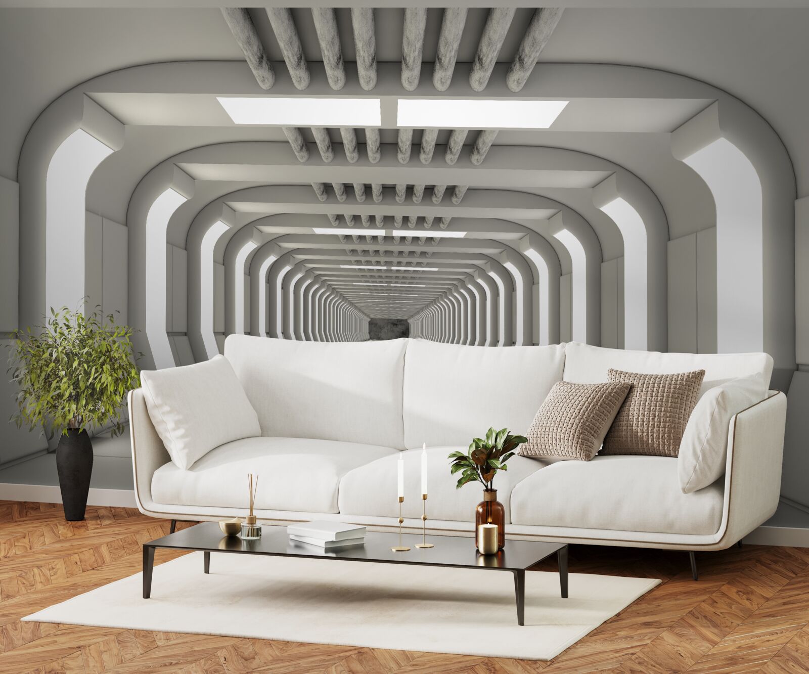 Fotobehang verlichte gang zonder einde in futuristische stijl