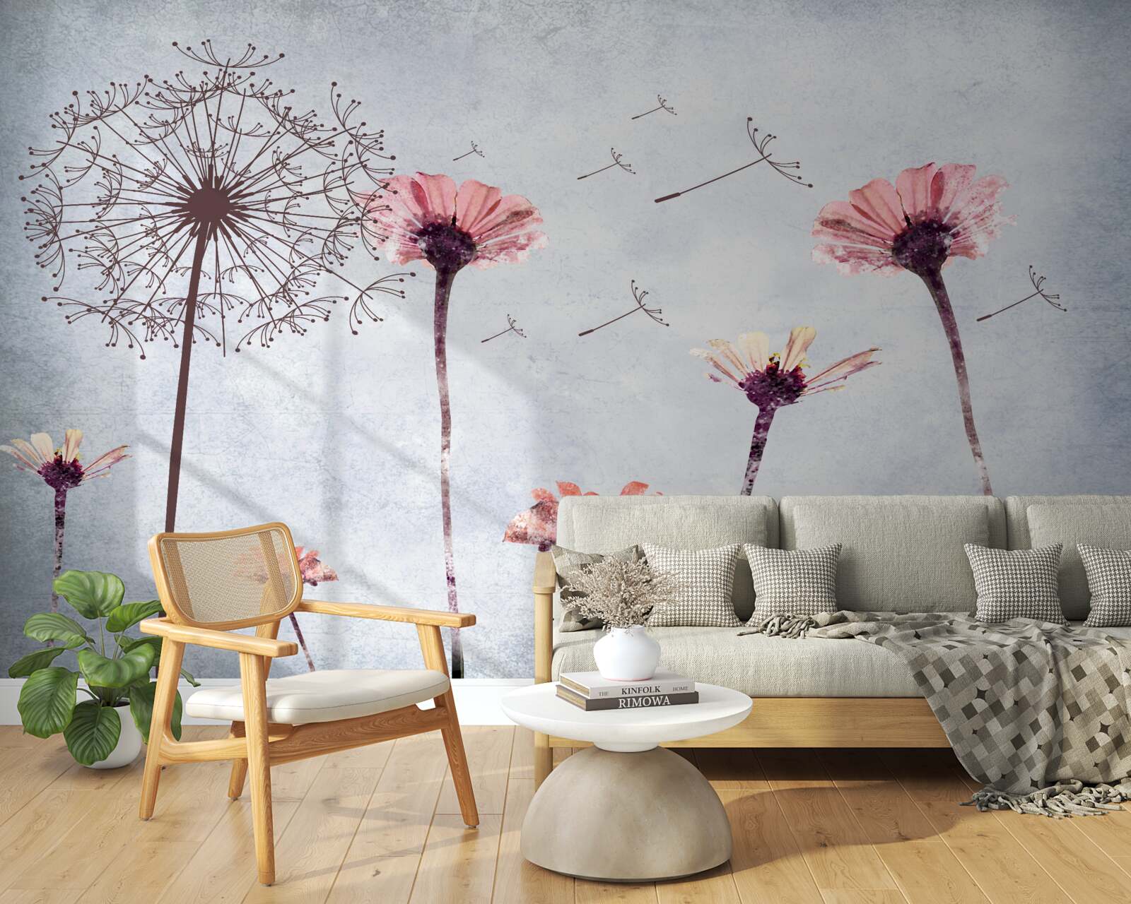 Fotobehang klaprozen en gerbera's onder sterke windvlagen