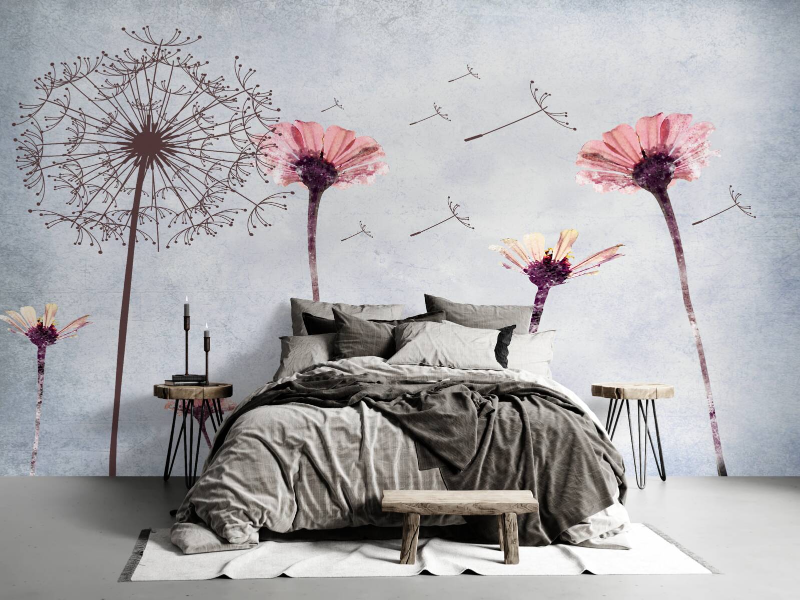 Fotobehang klaprozen en gerbera's onder sterke windvlagen