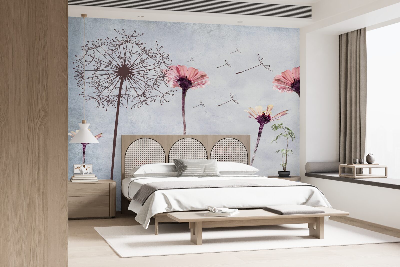 Fotobehang klaprozen en gerbera's onder sterke windvlagen