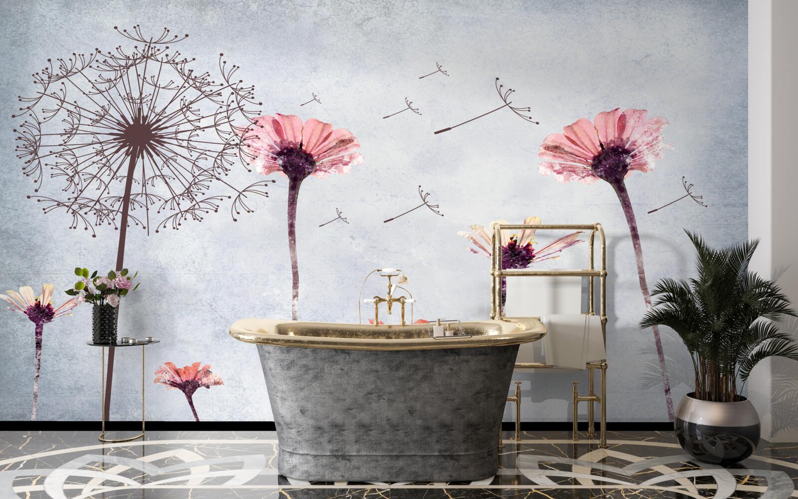 Fotobehang klaprozen en gerbera's onder sterke windvlagen