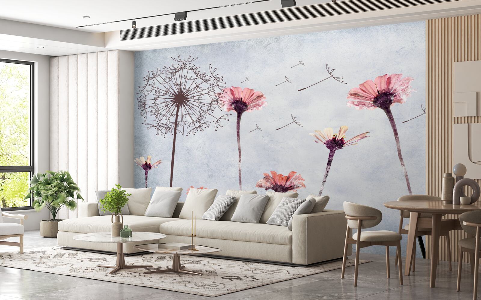 Fotobehang klaprozen en gerbera's onder sterke windvlagen