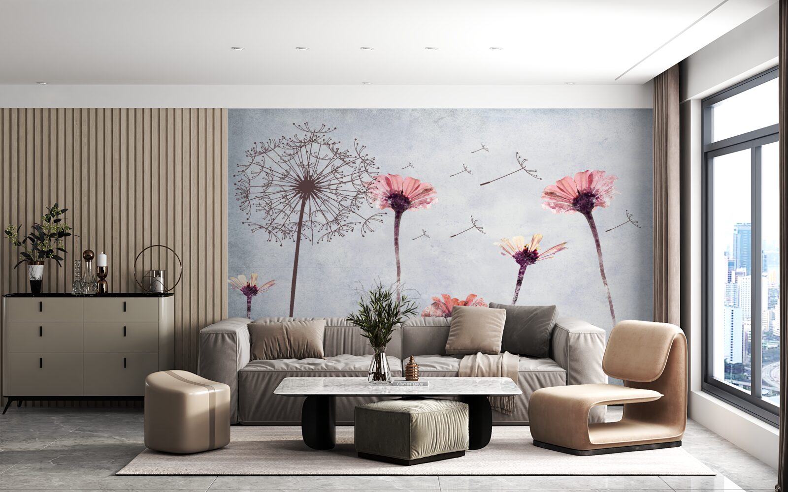 Fotobehang klaprozen en gerbera's onder sterke windvlagen