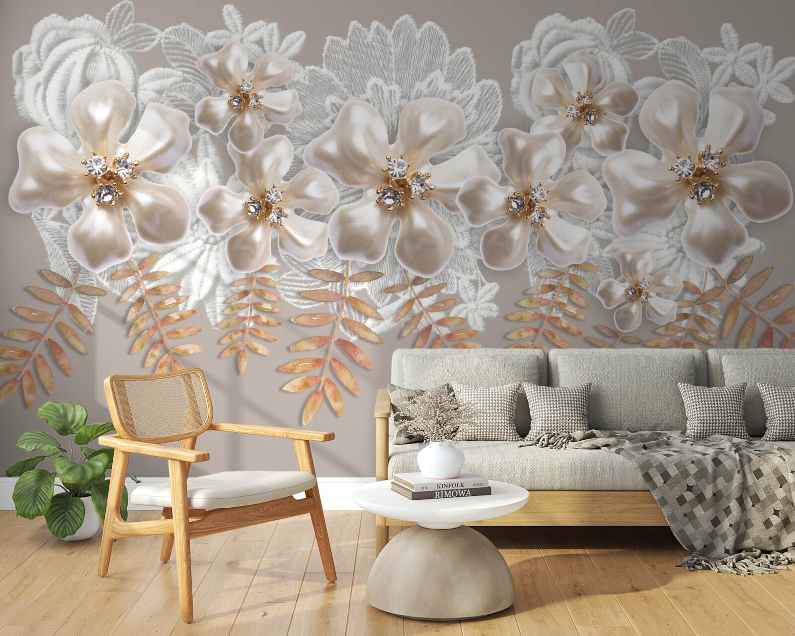 Fotobehang witte knoppen, glinsterend van heldere schoonheid, aan gouden takken