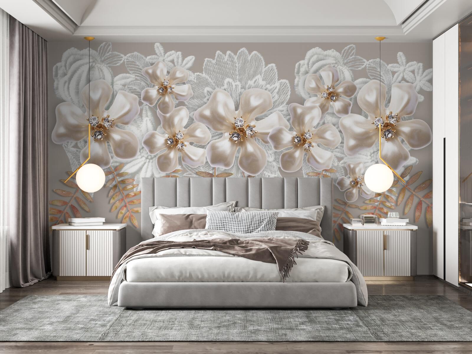 Fotobehang witte knoppen, glinsterend van heldere schoonheid, aan gouden takken