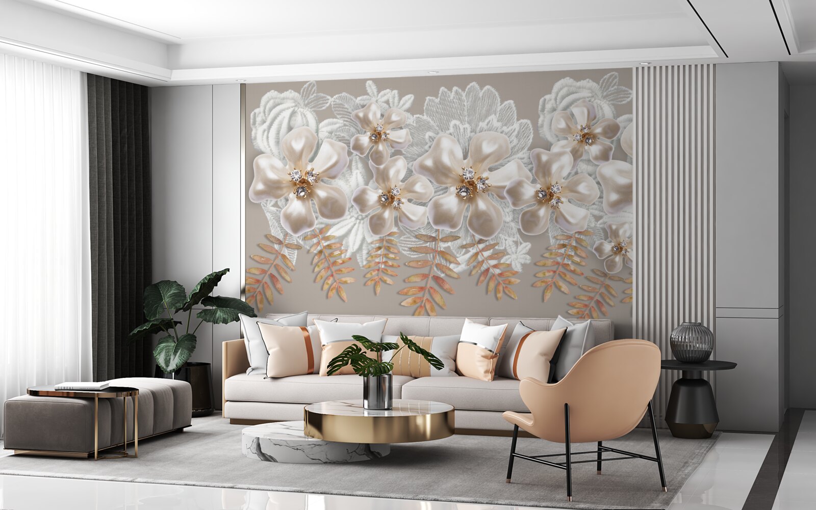 Fotobehang witte knoppen, glinsterend van heldere schoonheid, aan gouden takken