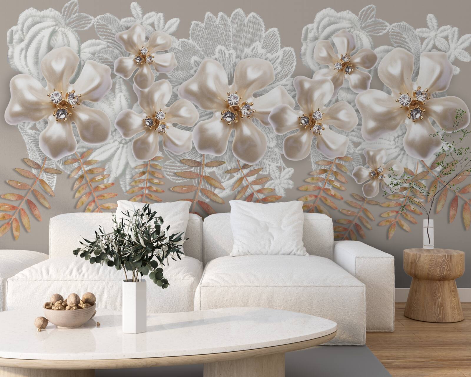 Fotobehang witte knoppen, glinsterend van heldere schoonheid, aan gouden takken