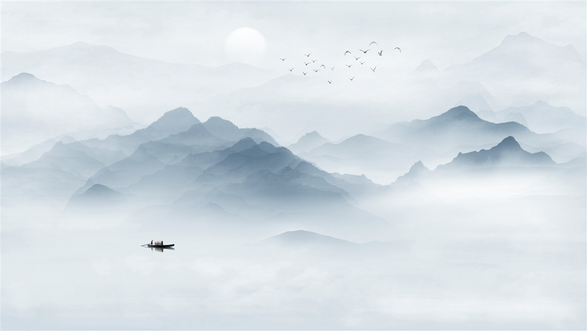 Fotobehang De mist werd dikker in de bergen en de visser bleef alleen achter met zichzelf