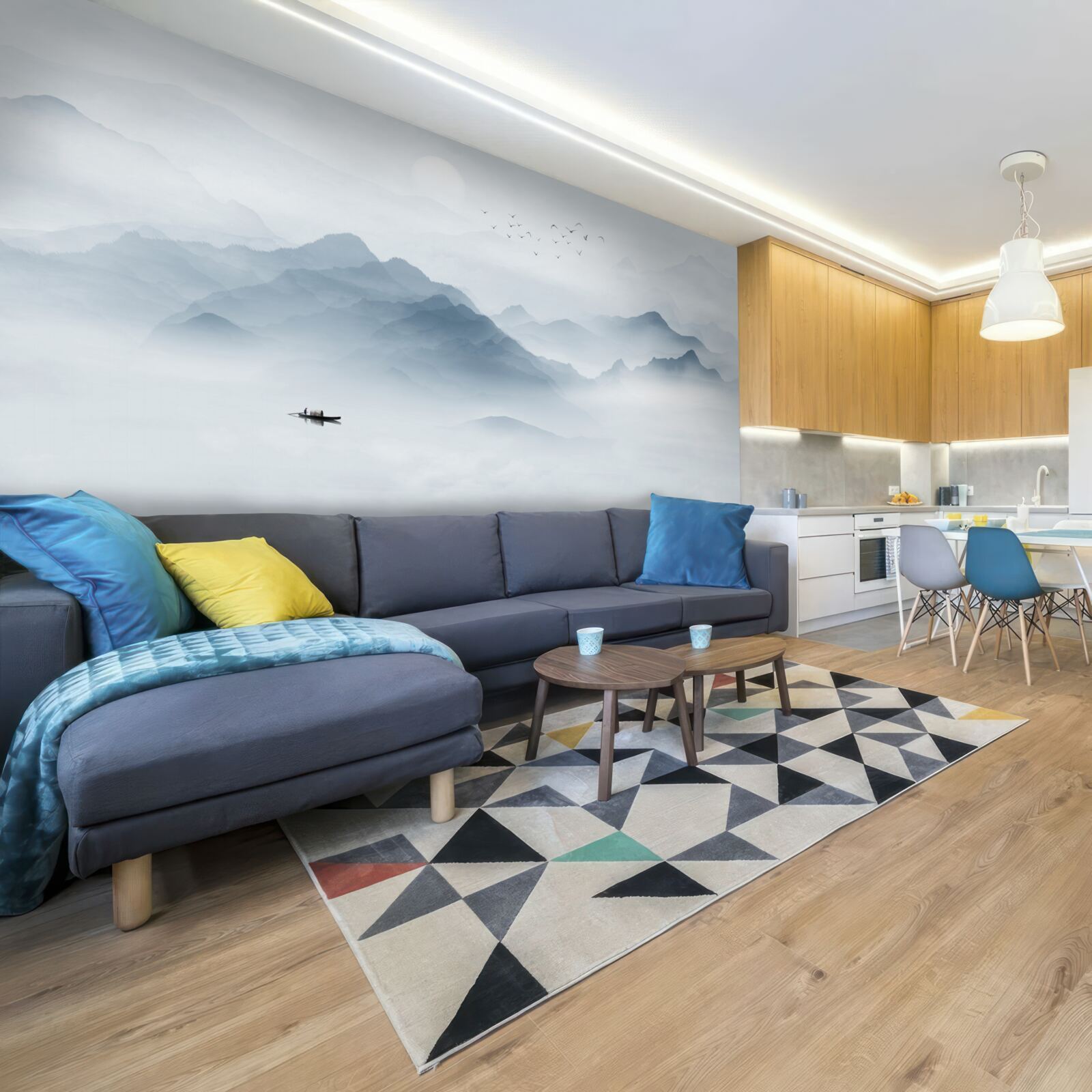 Fotobehang De mist werd dikker in de bergen en de visser bleef alleen achter met zichzelf