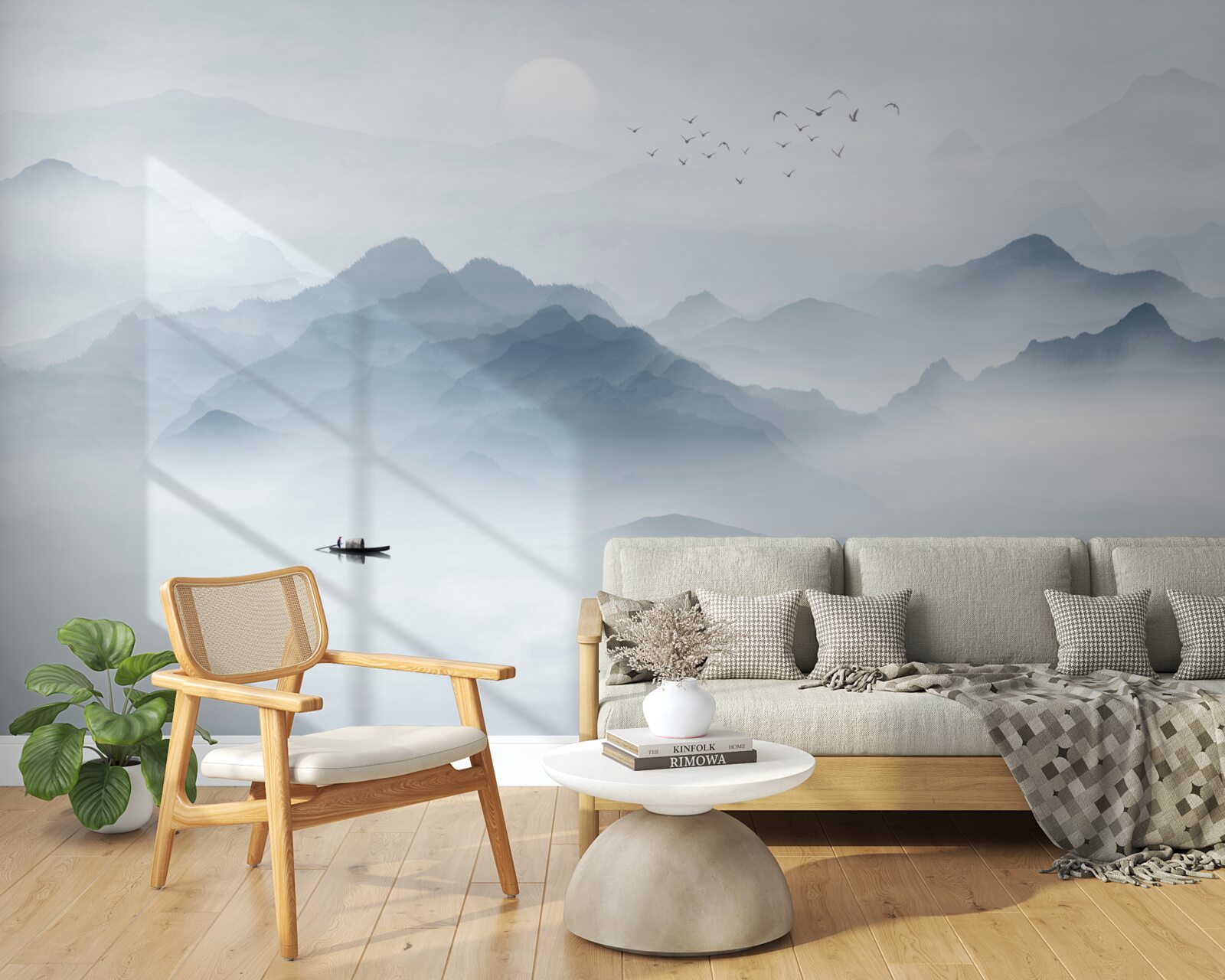 Fotobehang De mist werd dikker in de bergen en de visser bleef alleen achter met zichzelf