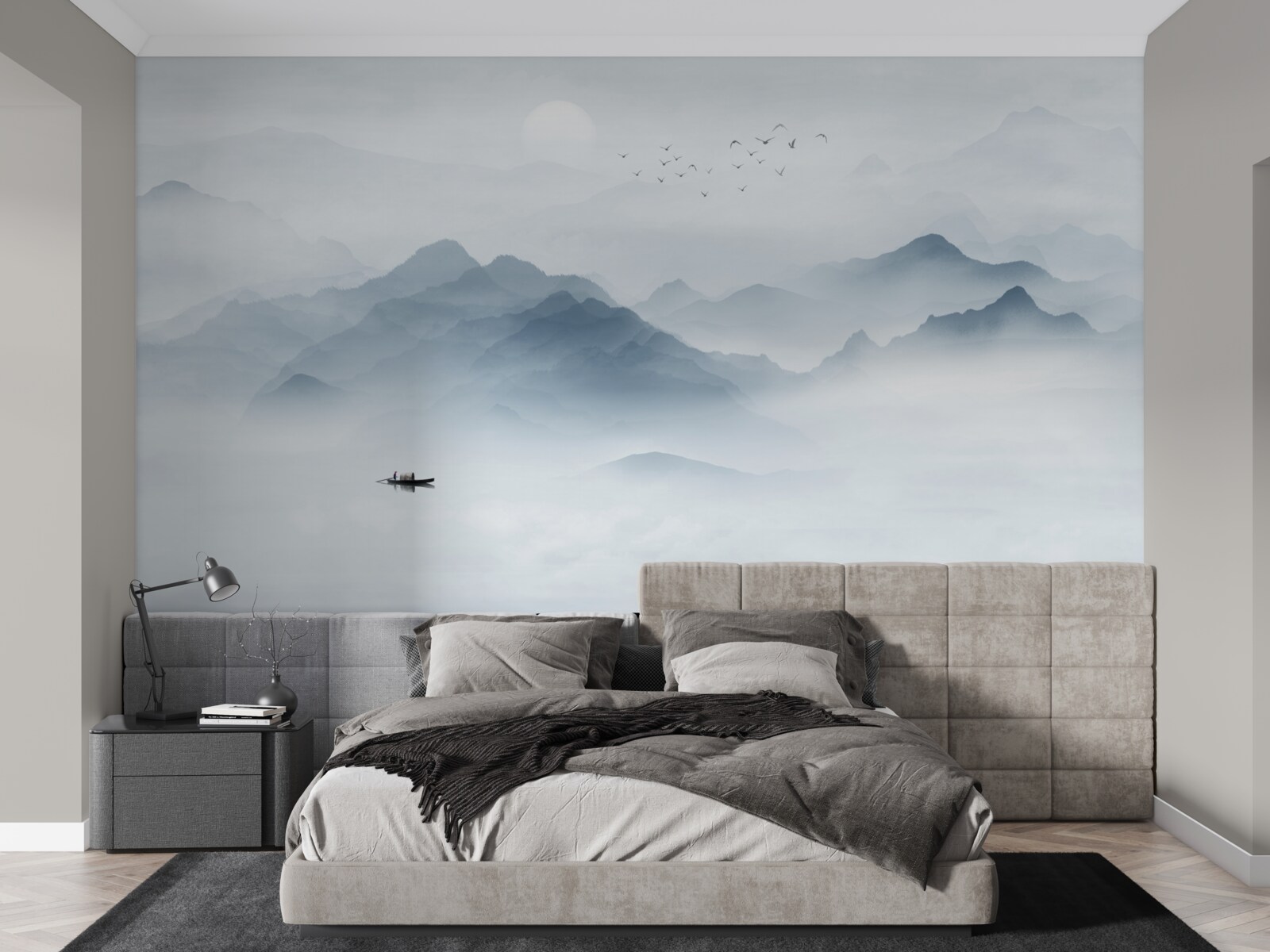 Fotobehang De mist werd dikker in de bergen en de visser bleef alleen achter met zichzelf