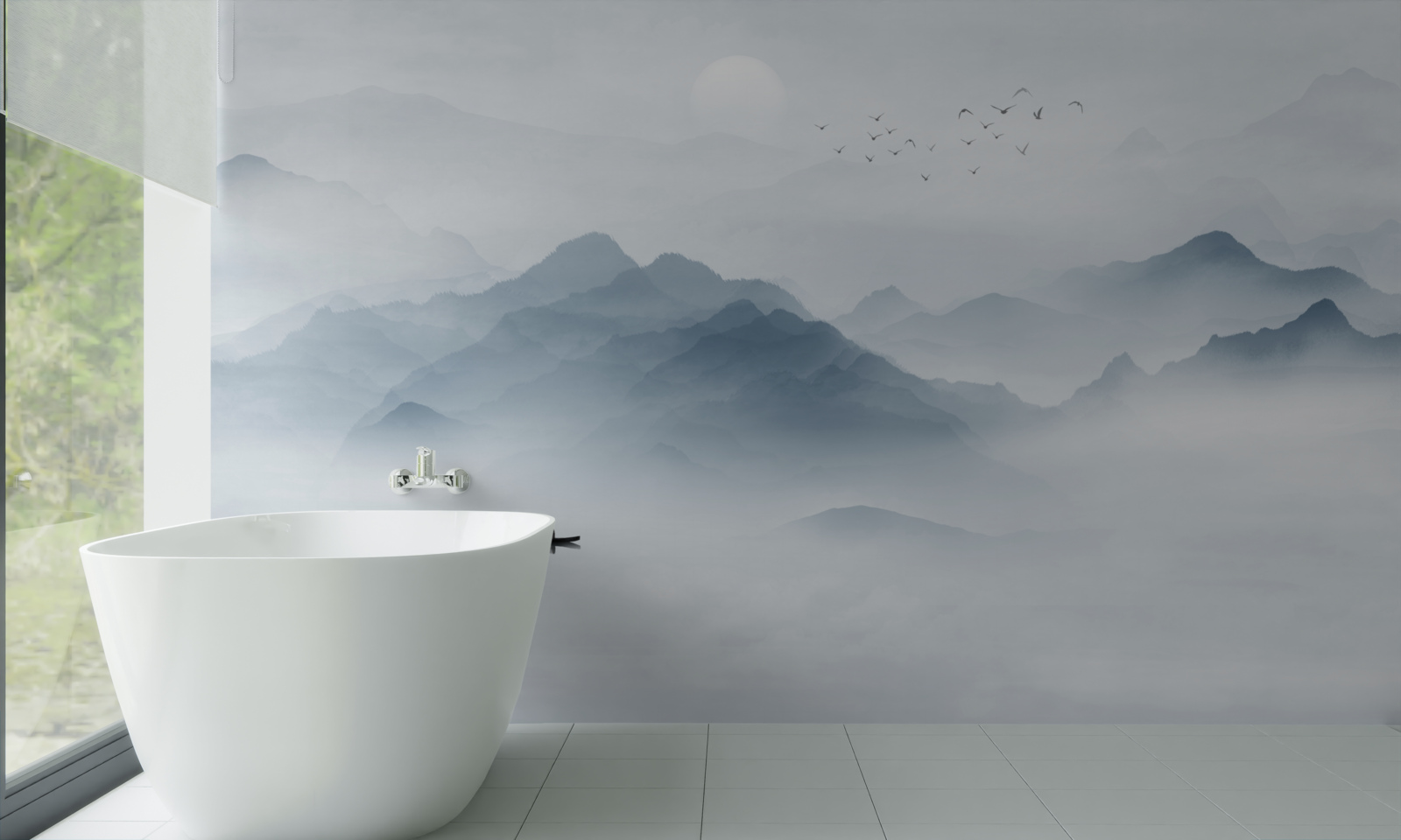 Fotobehang De mist werd dikker in de bergen en de visser bleef alleen achter met zichzelf