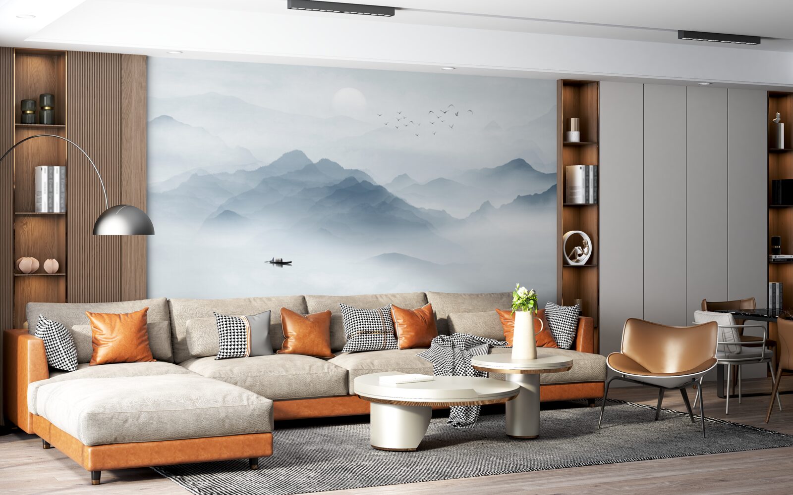 Fotobehang De mist werd dikker in de bergen en de visser bleef alleen achter met zichzelf