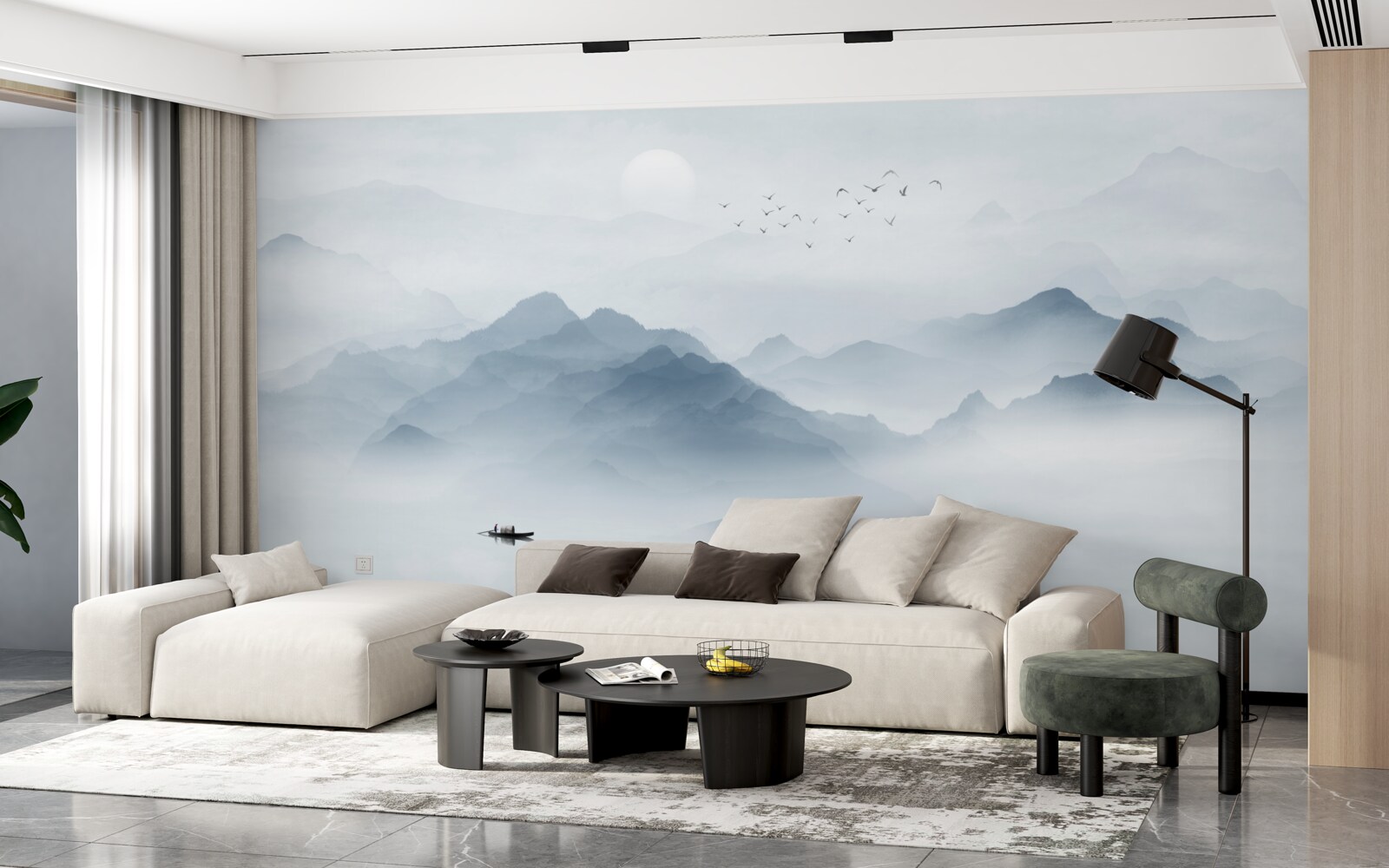 Fotobehang De mist werd dikker in de bergen en de visser bleef alleen achter met zichzelf