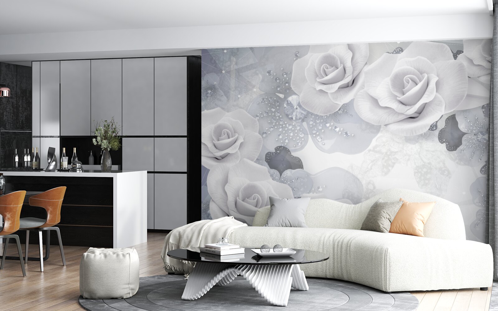 Fotobehang set van witte bloemen op een blauwe achtergrond