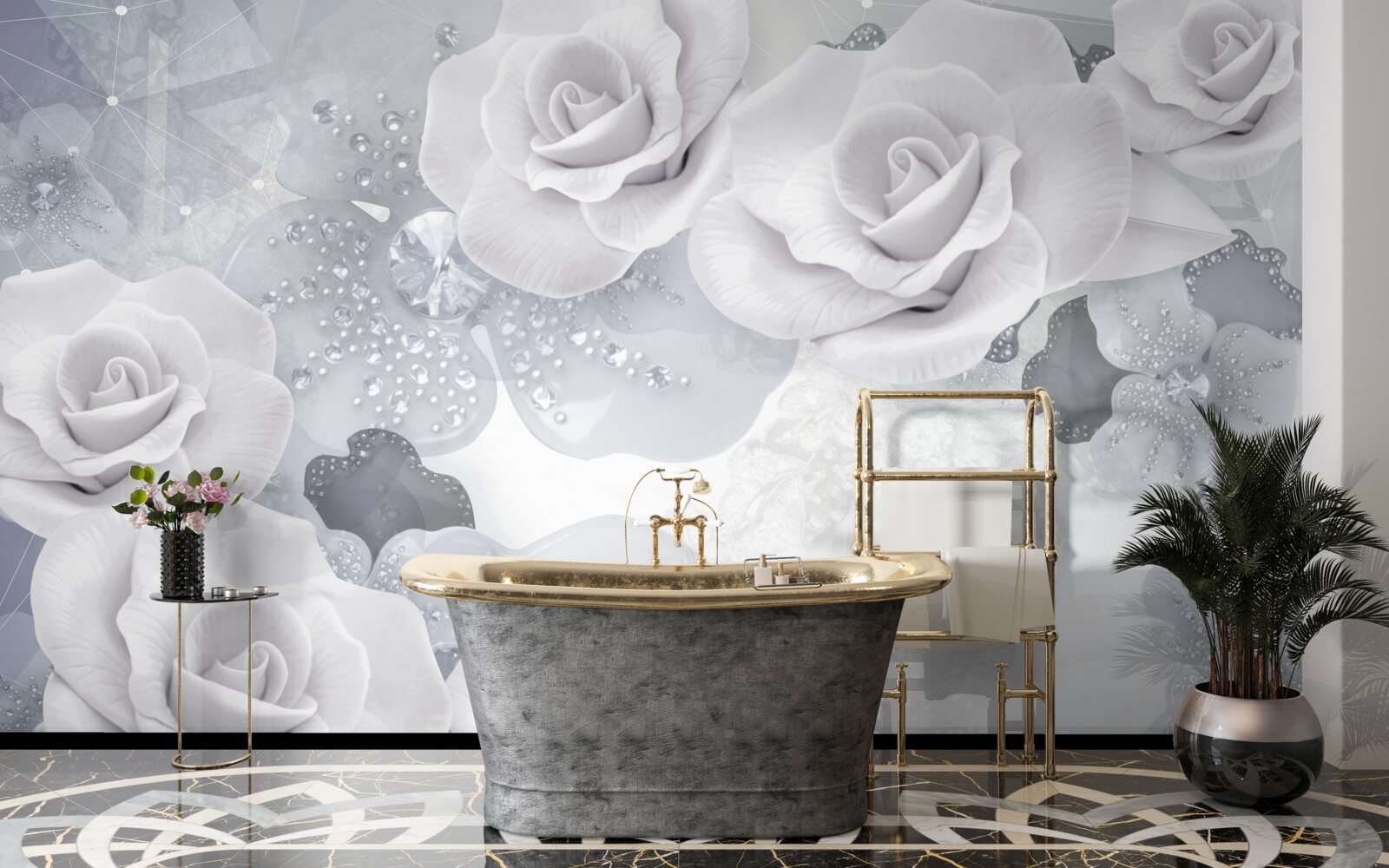 Fotobehang set van witte bloemen op een blauwe achtergrond