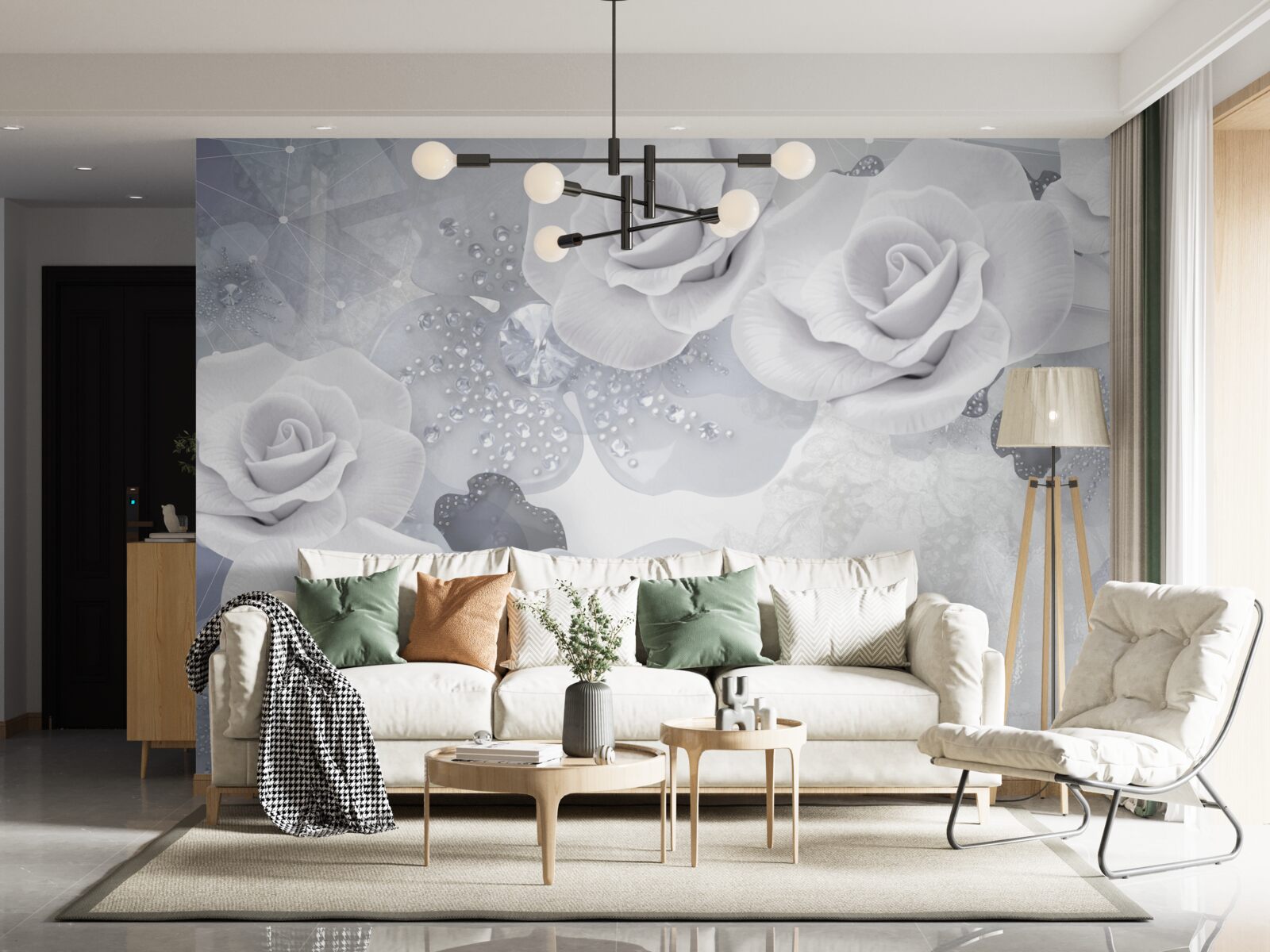 Fotobehang set van witte bloemen op een blauwe achtergrond