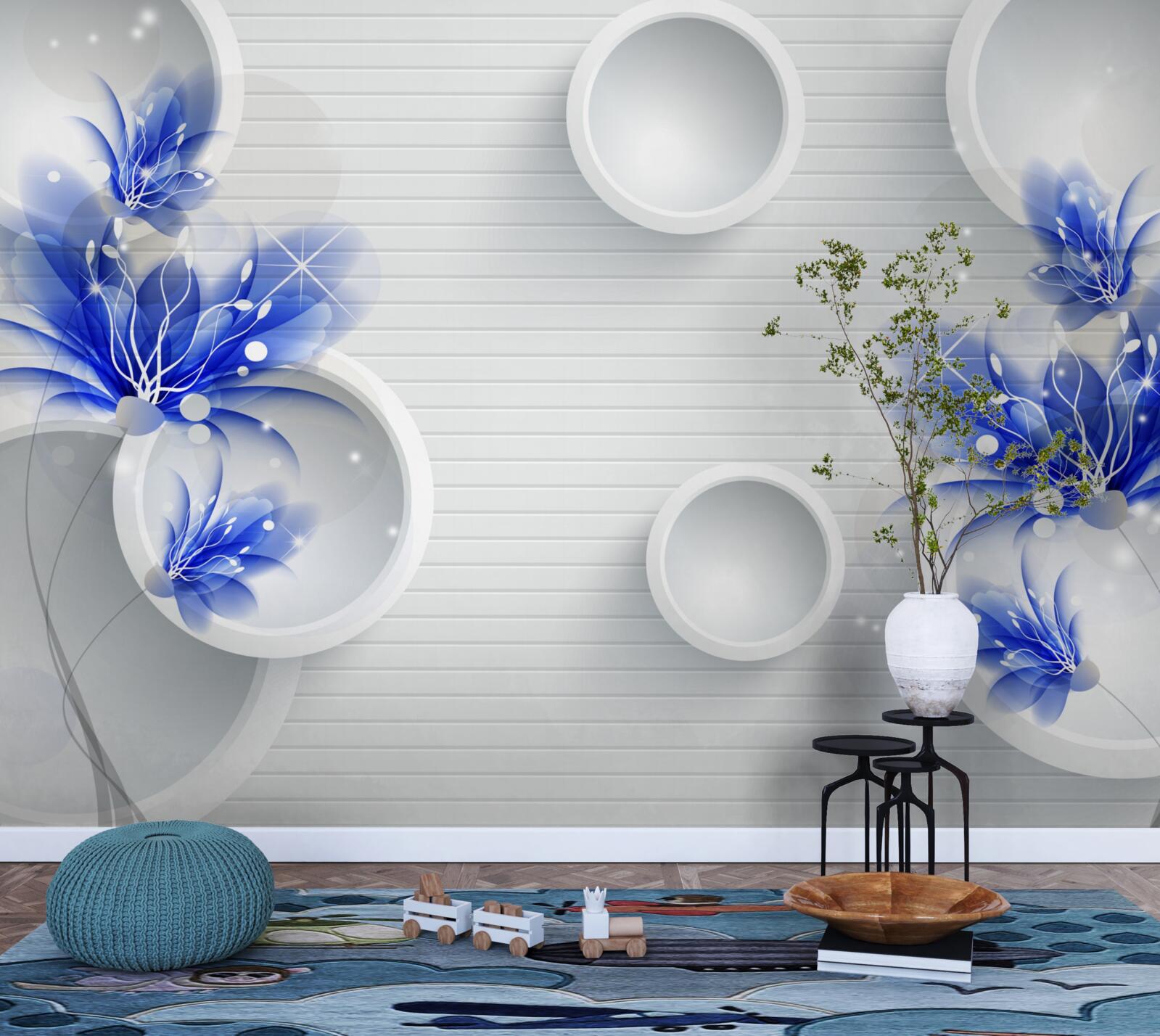 Fotobehang blauwe knoppen op een abstracte achtergrond met cirkels